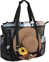 Catalonia Mesh Beach Bag with Holder Strap, Extra Large Tote with Zipper Pocket & Multiple Pockets, Sandproof Pool Bag for Family Travel, Vacation Essentials, Black