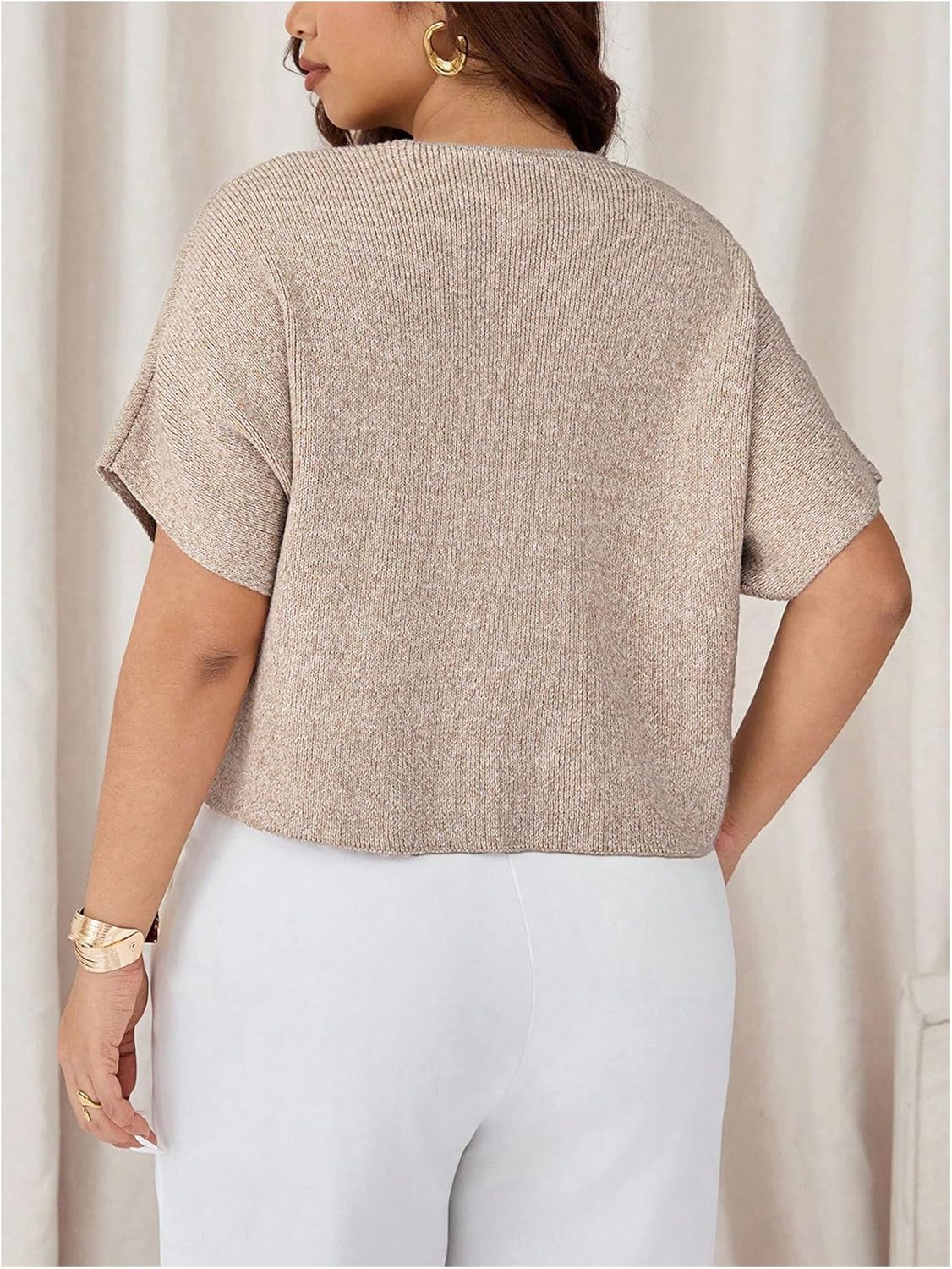 SHENHE Women's Plus Size Short Sleeve Cardigan Sweater Gold Button Up V Neck Dressy Knit Cardigan - Image 3