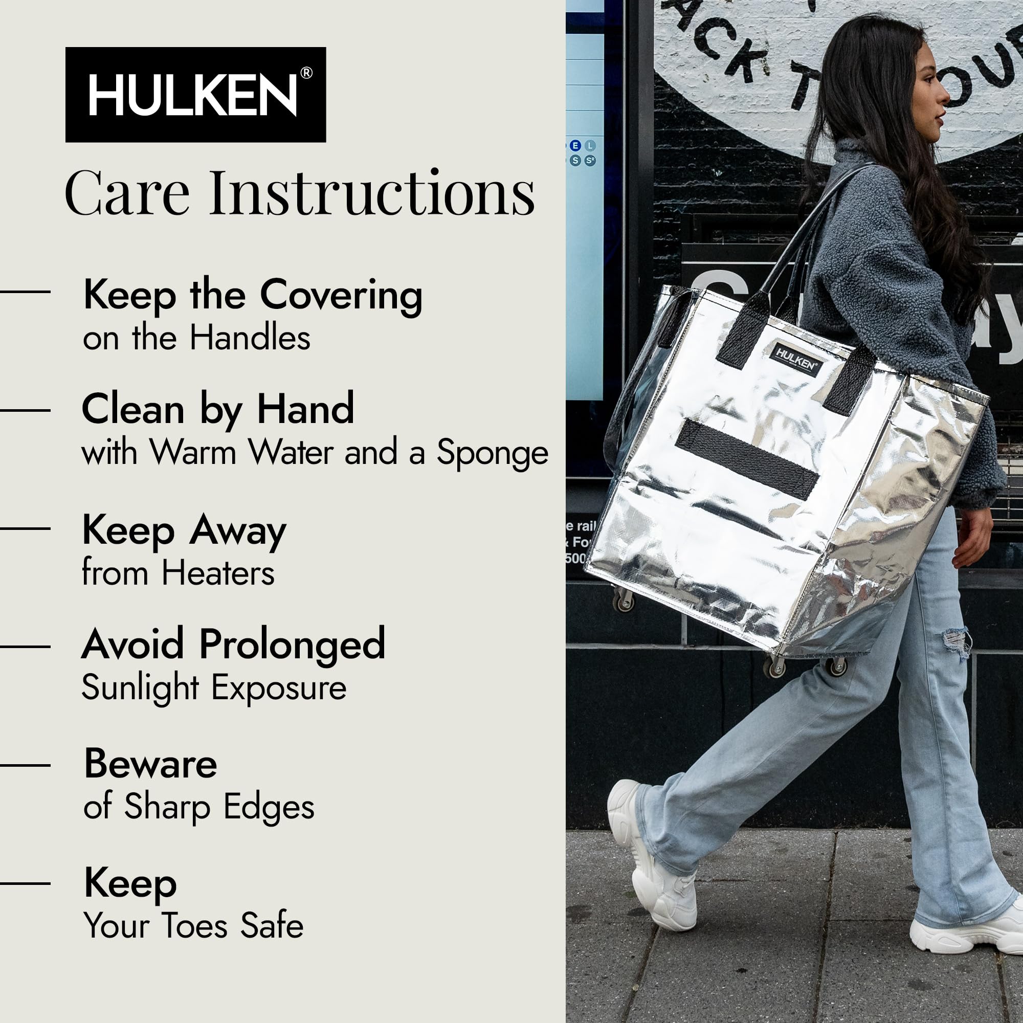 HULKEN - Chariot de courses argenté moyen pliable et réutilisable – Sac de courses à roulettes – Sac fourre-tout à roulettes – Limite de 29,9 kg, fermeture éclair, résistant à l'eau et poignées