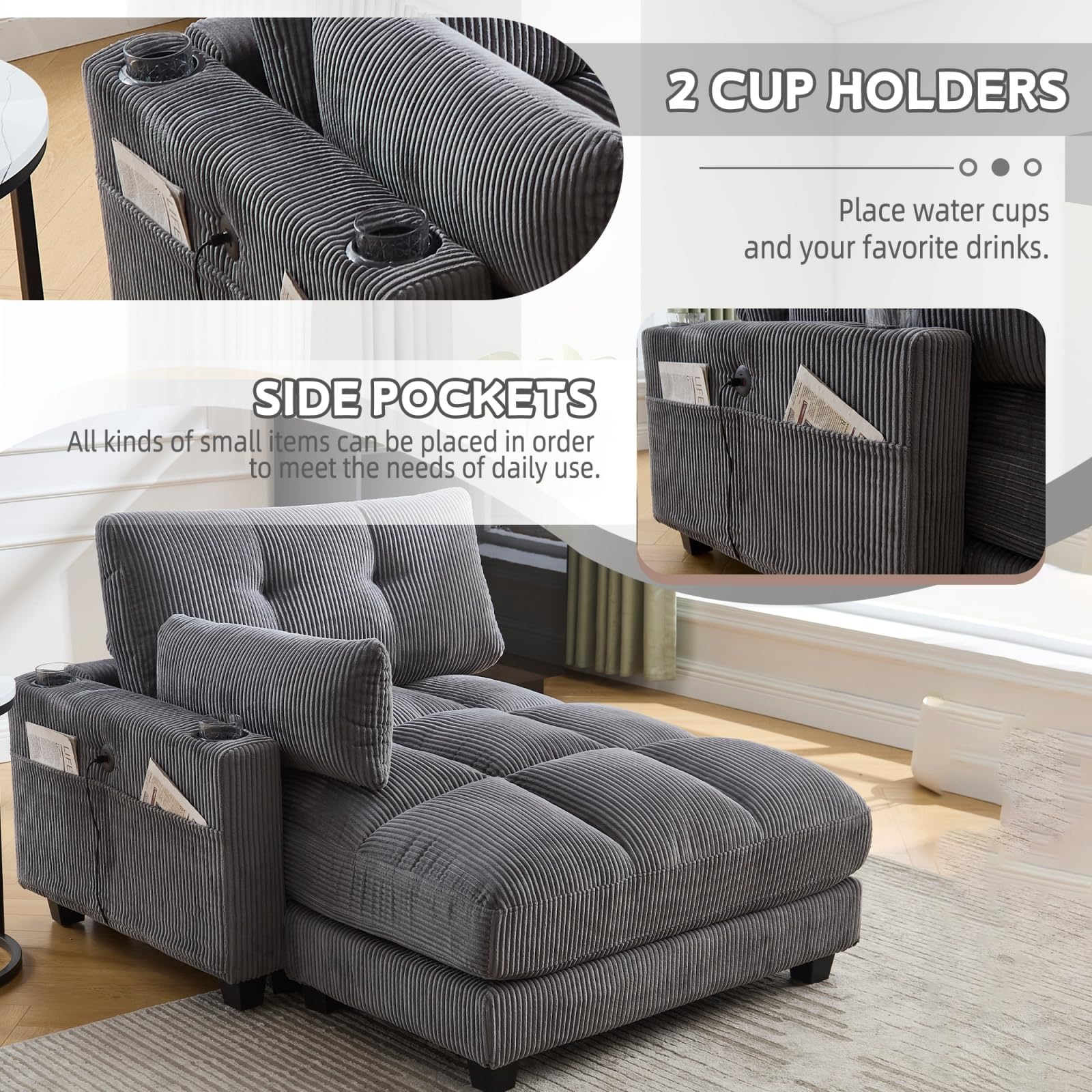 Sofá cama de pana, sillón cama de 1 plaza con USB, 2 portavasos, bolsillo lateral y cojines, reposabrazos ajustables, para espacio pequeño, 140 x 112 x 81 cm (gris)
