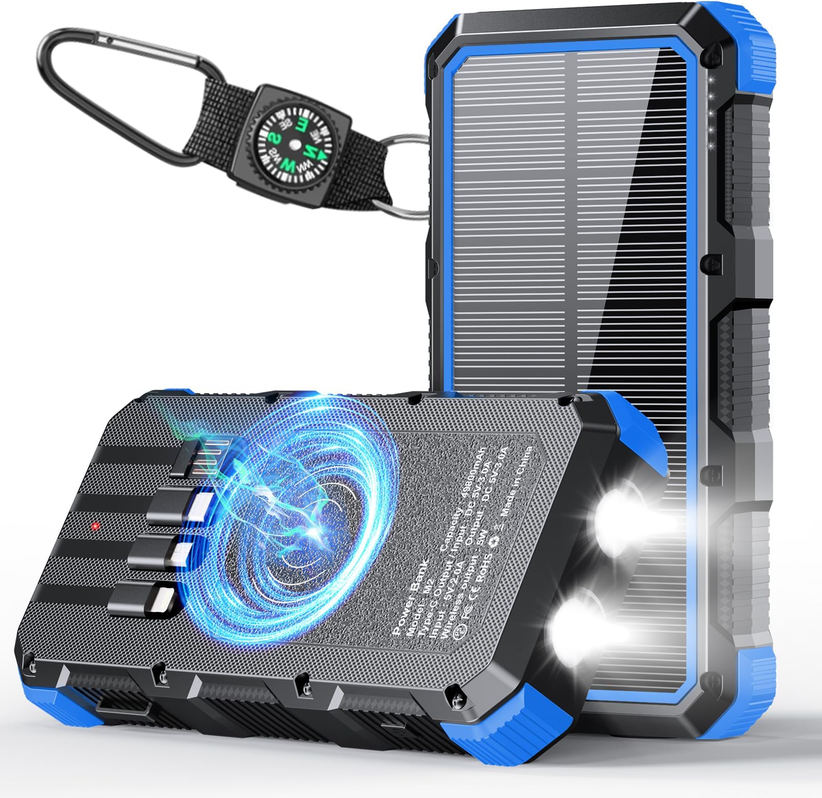 Solar Charger Power Bank 49800mAh Wireless Charger QC 3.0 Fast Charging Power Bank 8 Outputs 4 Inputs Solar Portable Charger Compatible with All Mobile Devices,SOS/Strobe/Strong Flashlights (Blue)