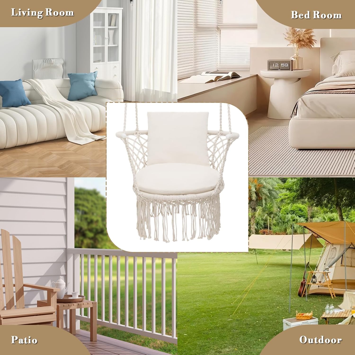 Athena Collection Hammock Swing Chair with Cushion, Outdoor Macrame Chair with Mounting Hardware, Max 350 Lbs, Large Cotton Rope Hanging Chair for Outdoor Indoor Porch Garden, Beige - Image 11