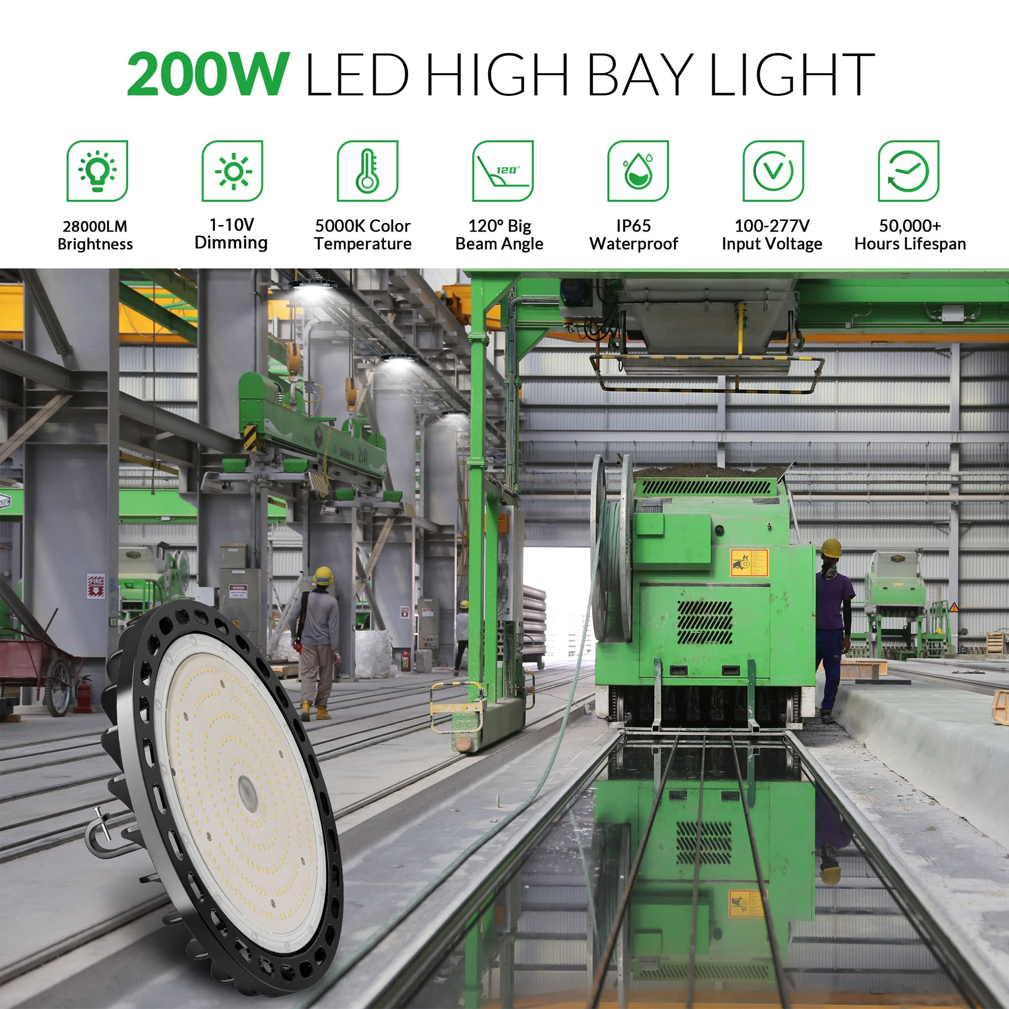 Flakeeper LED High Bay Light 200W 2PCS, 28000 LM with US Plug 5ft Cable, 5000K, Dimmable 1-10V, UFO Commercial Industrial Warehouse Shop Factory Barn Garage Area Lighting Fixture, ETL DLC Listed