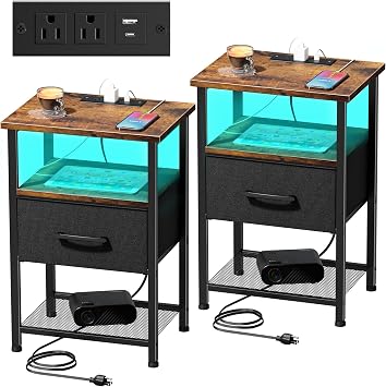 Nightstands Set of 2,Night Stand with Charging Station and Drawer,Bedside Table with 20 Colors LED Light Strip,End Table for Bedroom Living Room Rustic Brown