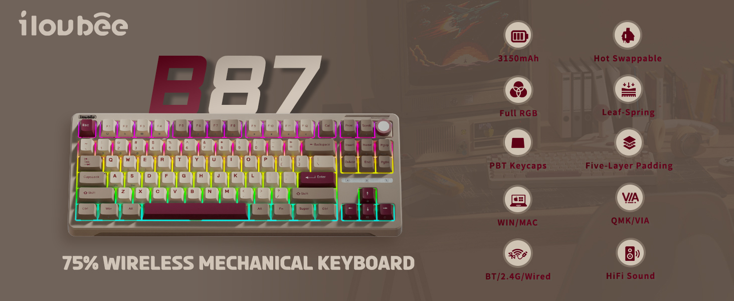 iLovBee B87 Wireless Mechanical Keyboard 75%, Gasket RGB Gaming