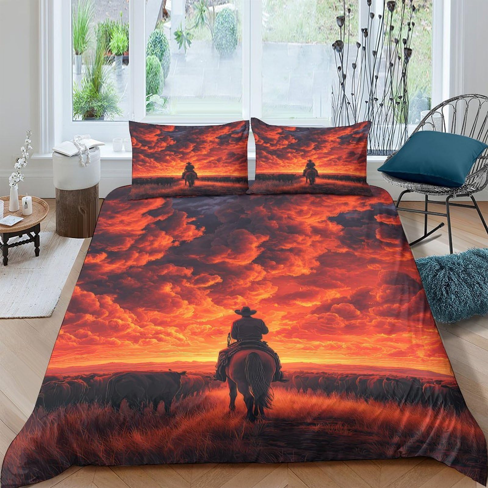 Ctjqhvkz Style-9 3D Printed Sunset Cowboy Fitted Sheet Microfiber Soft Anti-Slip Western Sky Mattress Cover For Bedroom Decor Single（135X200cm）