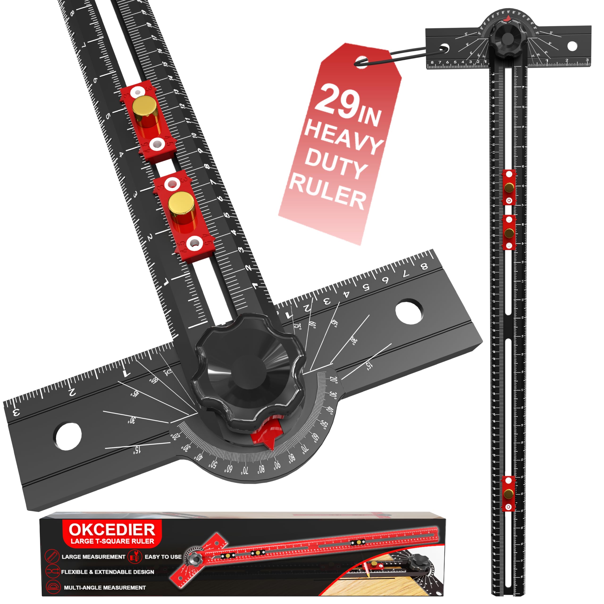 Équerre en T de Menuiserie 74cm Outil de Mesure à Angle Réglable 15-165°, Corps en Alliage d'Aluminium, Guide de Perçage de Précision pour Menuiserie, Dessin Technique, Architecture et Artisanat