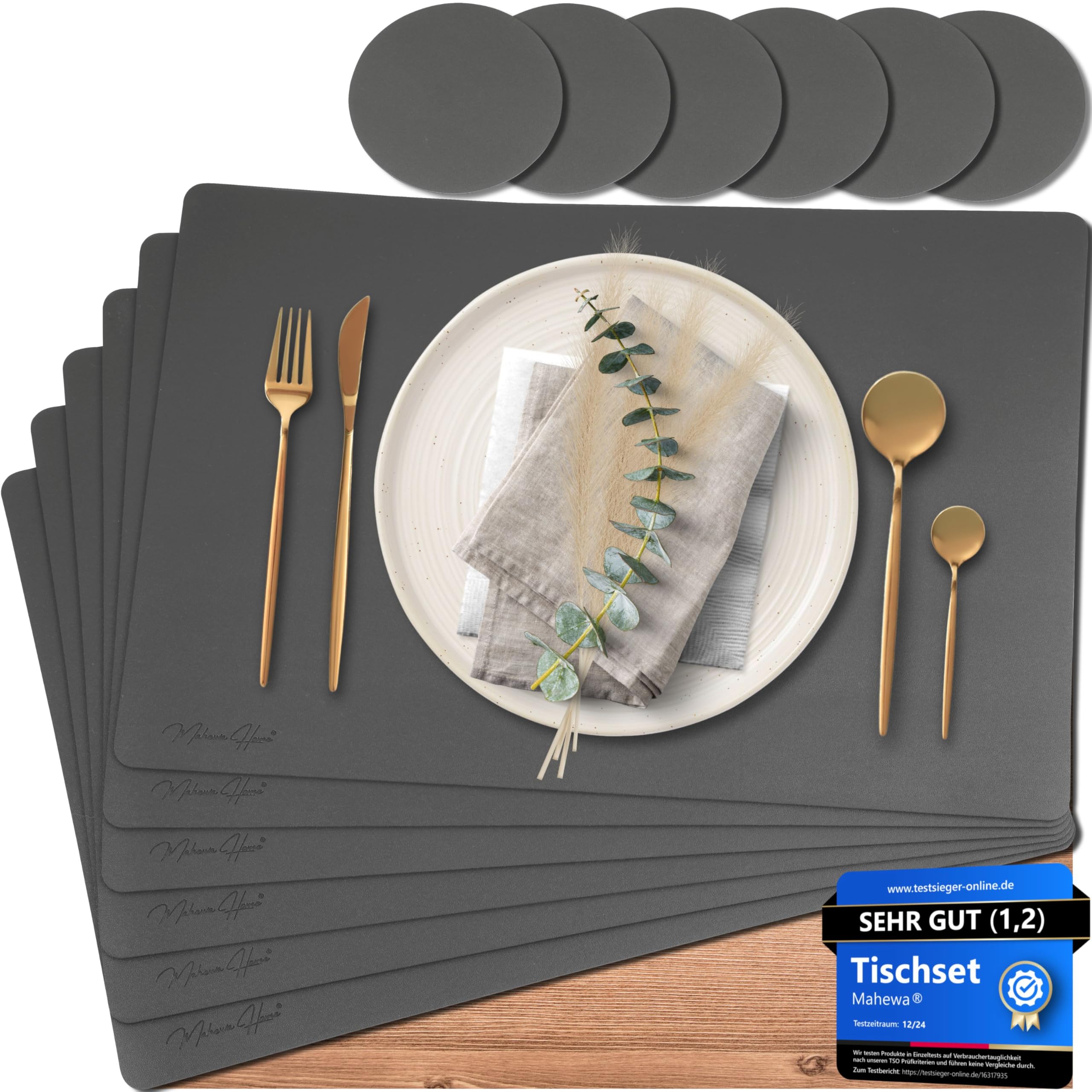Mahewa® 6er Set Premium Tischset aus Kunstleder - Platzset abwaschbar und wasserdicht - Platzdeckchen Telleruntersetzer in Lederoptik (Dunkelgrau, Eckig)