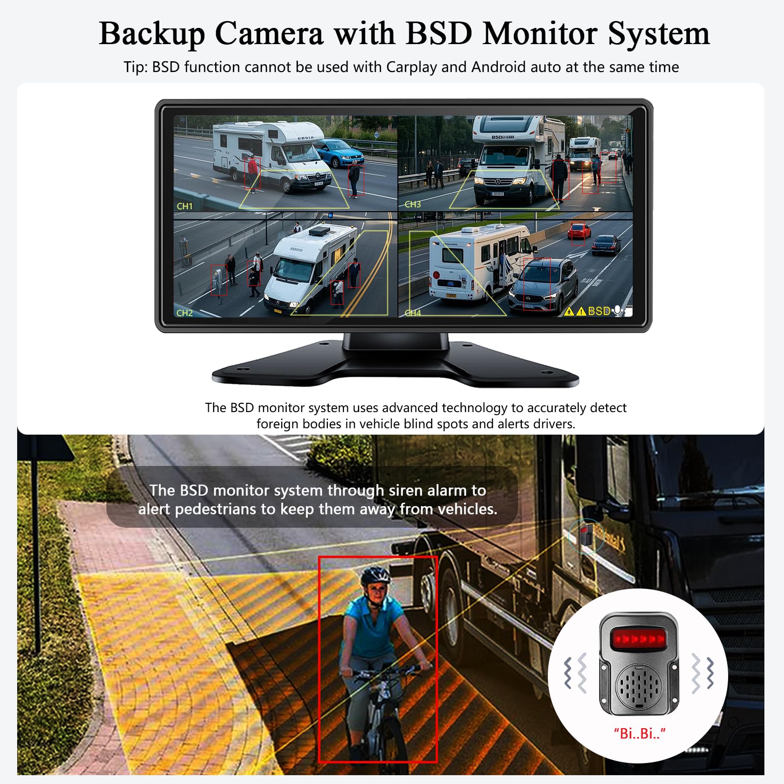 RV Backup Camera with Carplay Android Auto for RV Horse Trailer Semi Box Truck,1080P HD 4 Splits 10.36