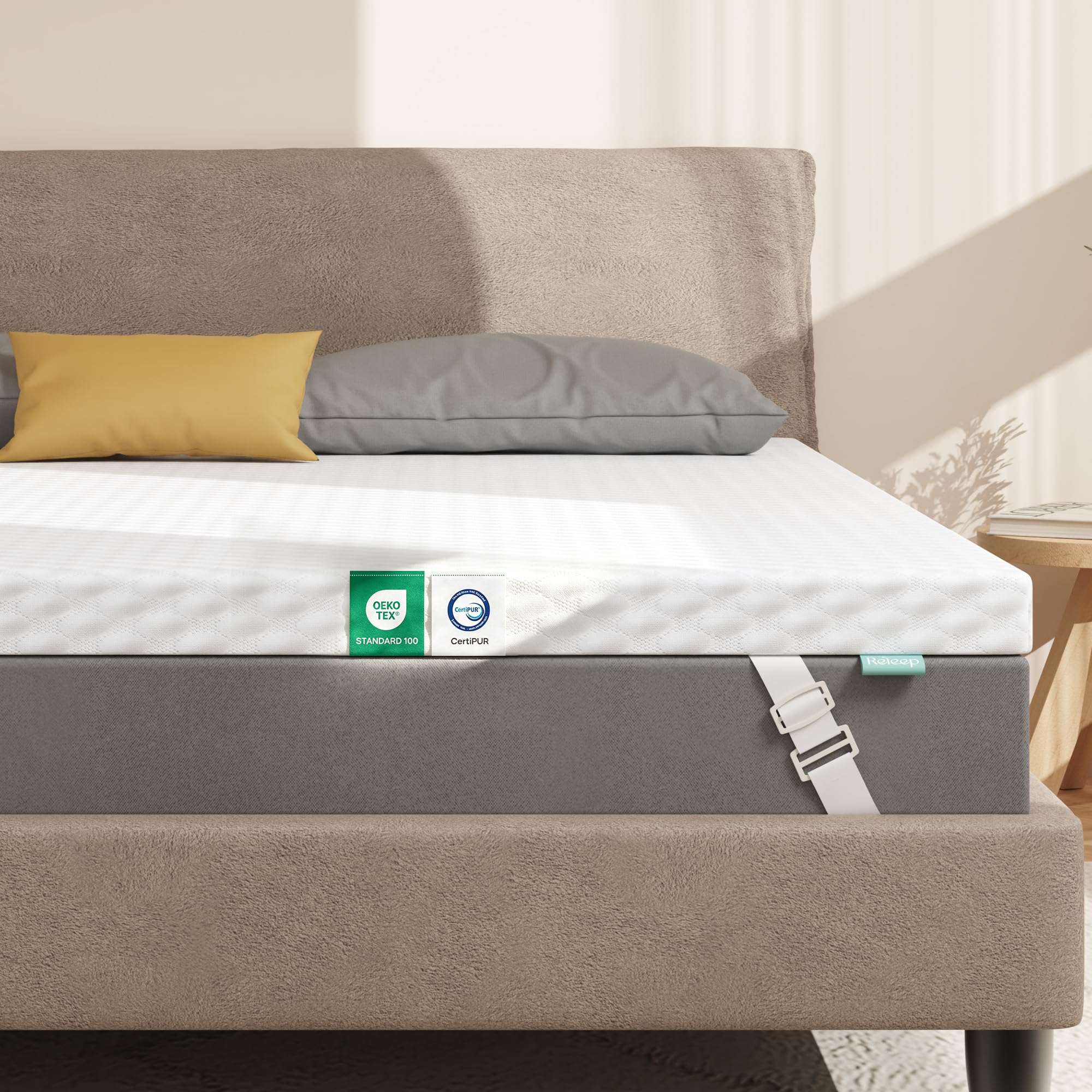 Releep Topper 90x200 cm in Schiuma Gel Alta Densità, Coprimaterasso Altezza 7,5 cm, Nucleo Reversibile con 2 Fermezze e 5 Zone di Supporto, Sovramaterasso Traspirante, Certificato Oeko-TEX & CertiPUR