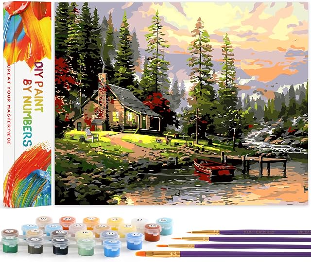 BOSHUN Paint by Numbers Kits with Brushes and Acrylic Pigment DIY Canvas Painting for Adults Beginner- Field Hut 16 x 20 inch(Without Frame)