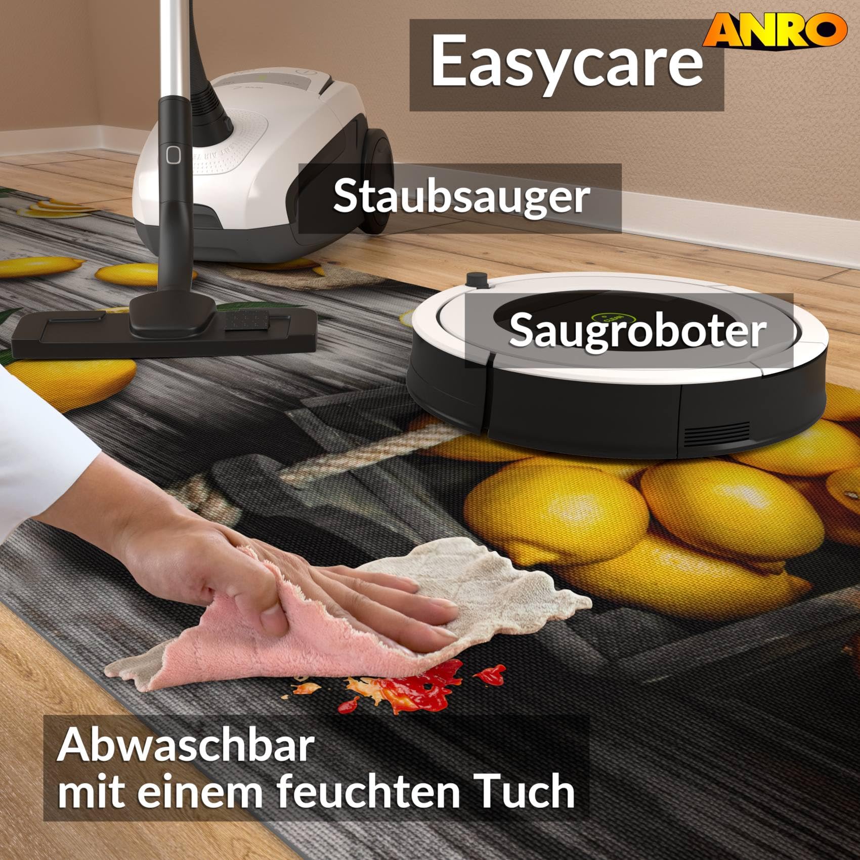 ANRO Küchenläufer Teppichläufer abwaschbar Läufer Flur rutschfest pflegeleicht Zitronen 200 x 52 cm