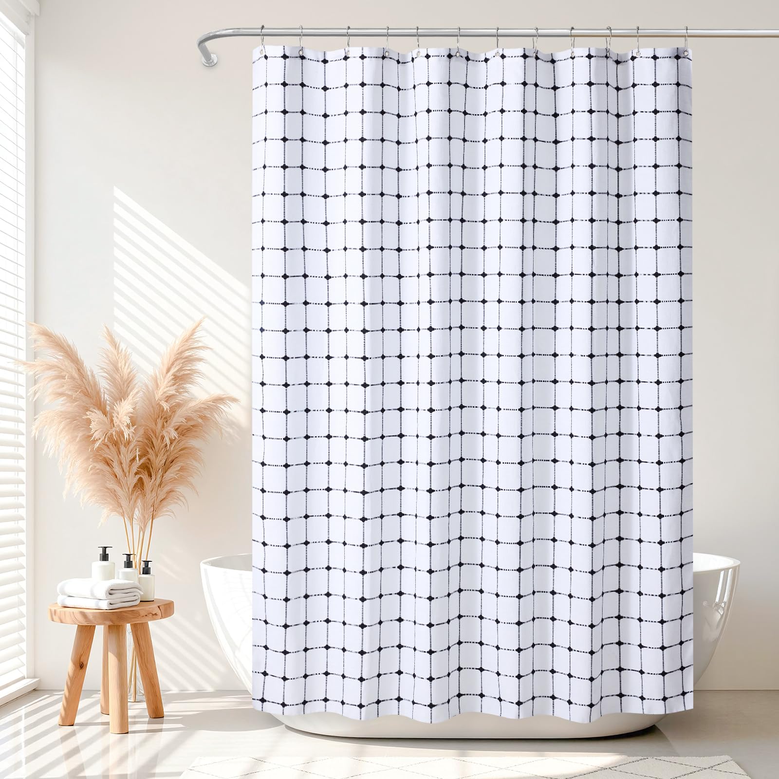 VANZAVANZU Boho Plaid Shower Curtain, Checkered Polyester-Linen Fabric Waterproof coating Shower Curtains for Bathroom, Farmhouse Rustic Shabby Chic Neutral Bathroom Curtain Set 72”x 72”