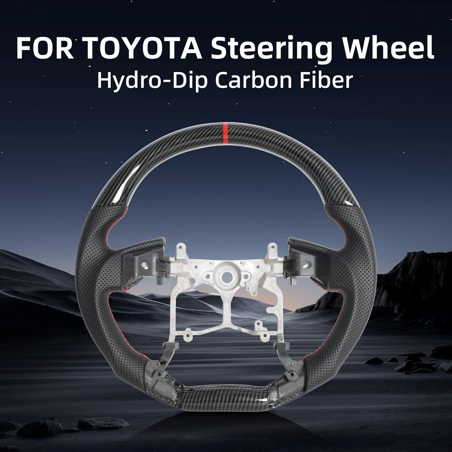 Hydro-Dip Carbon Fiber Steering Wheel for Toyota Prado LC150 2010-2017/Tundra 2014-2021/Tacoma 2012-2023/4Runner 2010-2024 D-Shaped Flat-Bottom Steering Wheel (Red Positioning Line)