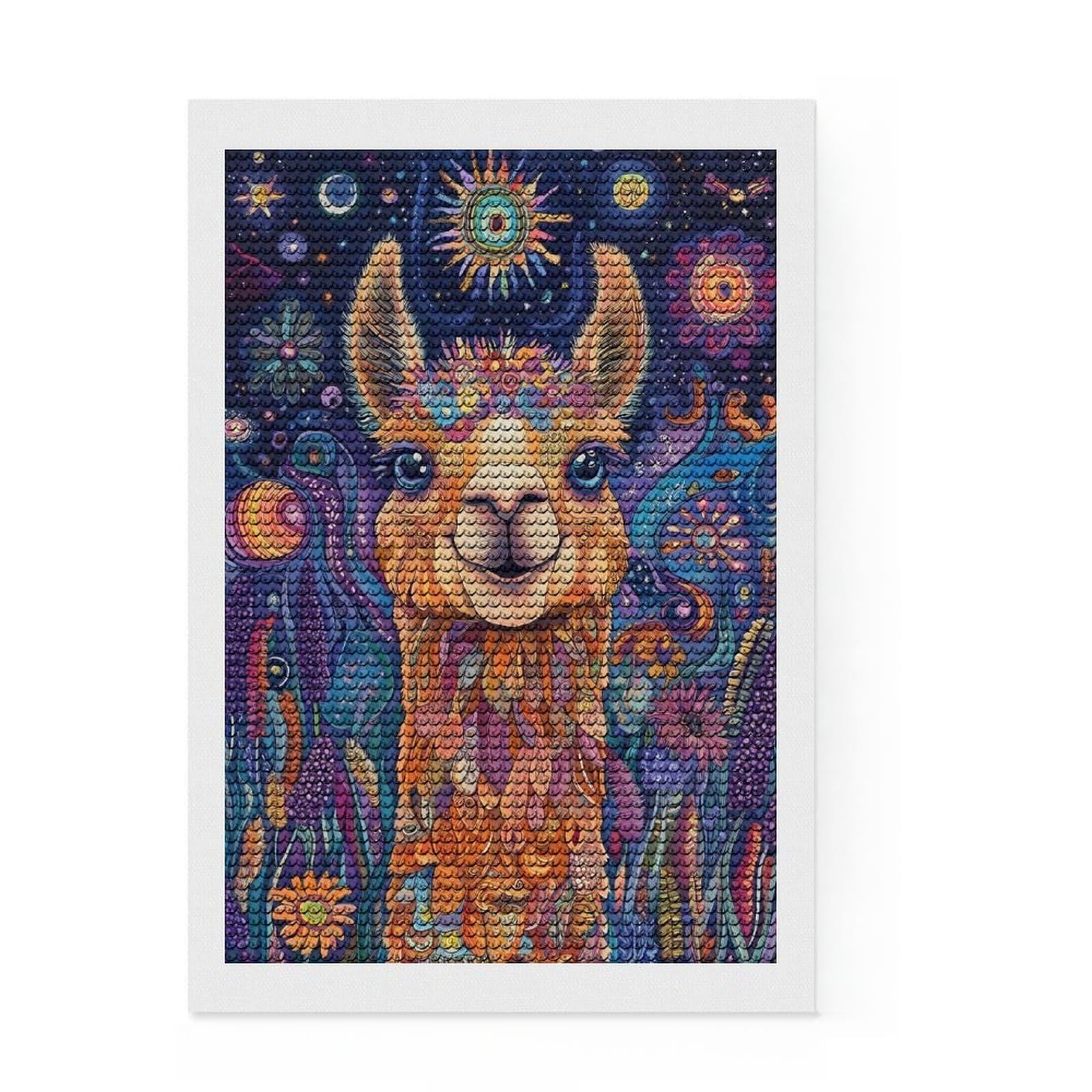 Junmoney Psychedelic Llama in Blooming Meadow – Sunrise Fantasy Wall Art Diamond Painting Set 8"x12", Printed Canvas, Finish and Display, Home Wall Decor, Gift Idea, Neat Printed Canvas