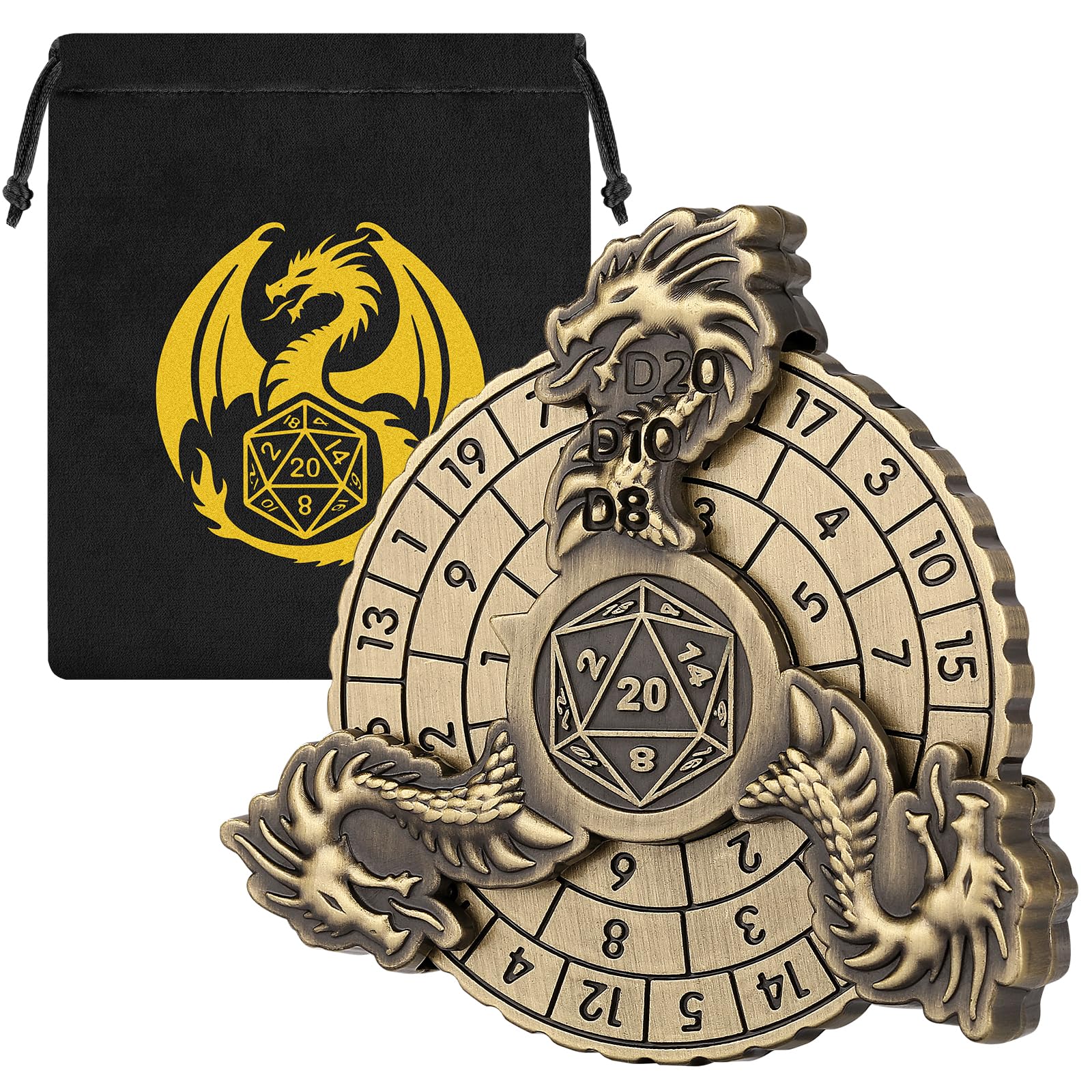 7-in-1 Dragon Fingertip Gyro, DND Wheel Dice Spiner, DND Starter Set, 7-in-1 Metal Dice Set, D&D Gifts with Dragon Logo Gift Bag, Tabletop Games, Role Playing Board Game Accessories, Bronze