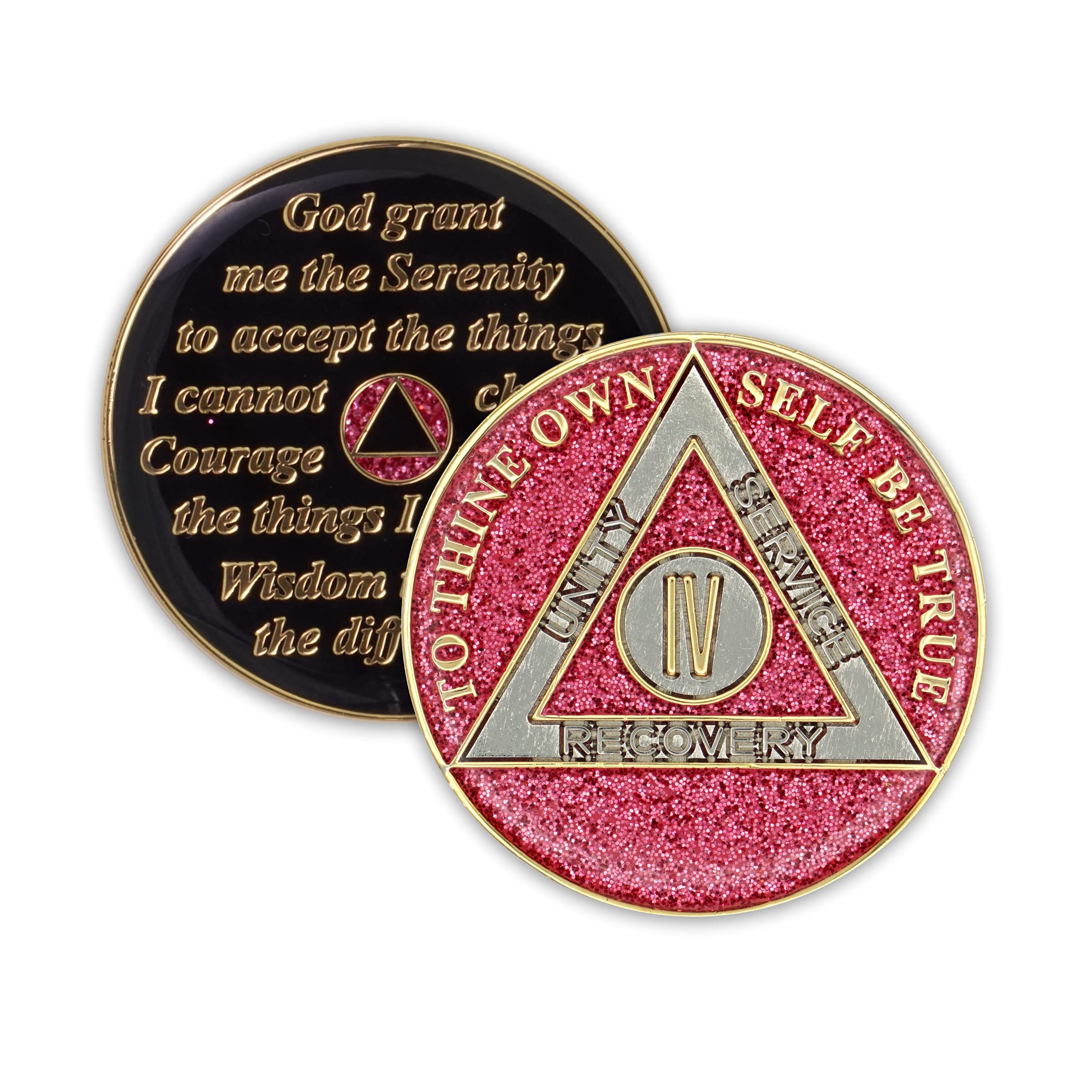 4 Year Sobriety Coin | Glitter Triplate AA Chip Recovery Anniversary Token (Pink)