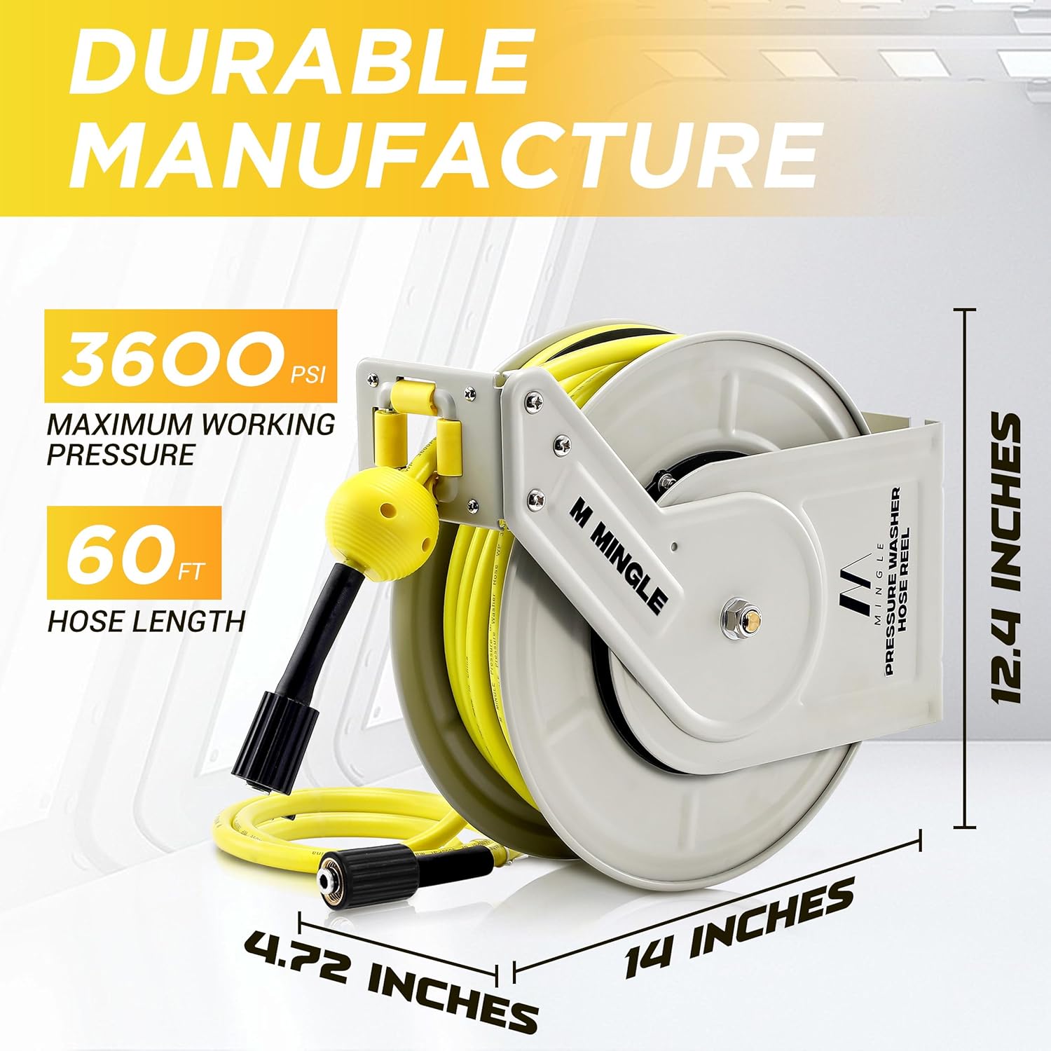 M MINGLE Retractable Pressure Washer Hose Reel, 1/4" × 60ft Heavy Duty Professional Hose Reel, Auto Rewind Power Washer Hose Reel, Wall/Floor Mounted, 3600 PSI