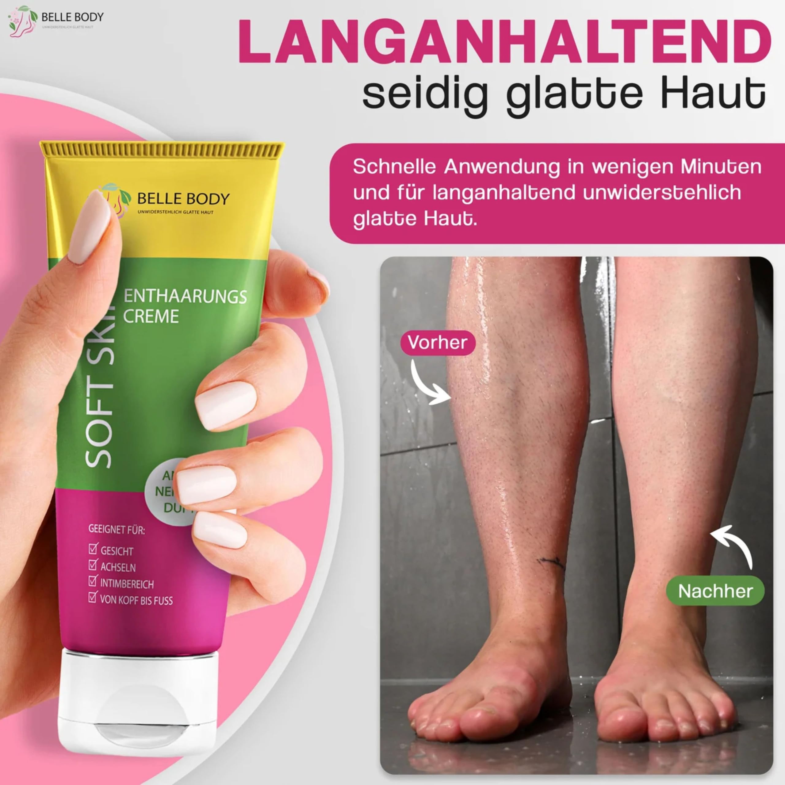 Belle Body Enthaarungscreme - Schnell, Schmerzfrei, Langanhaltend Haare weg | Enthaarungscreme für Gesicht, Achseln, Intimbereich - Sanft, ohne Rasurbrand & Pickel - Vegan - Für alle Hauttypen - 1x100ml