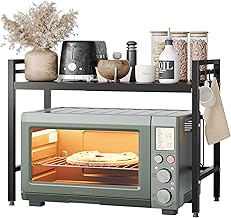 NETEL Microwave Stand 2-Tier Microwave Shelf Organiser with Hooks, Wheels Chopping Board Holder, Black, Extendable from 40-60 cm