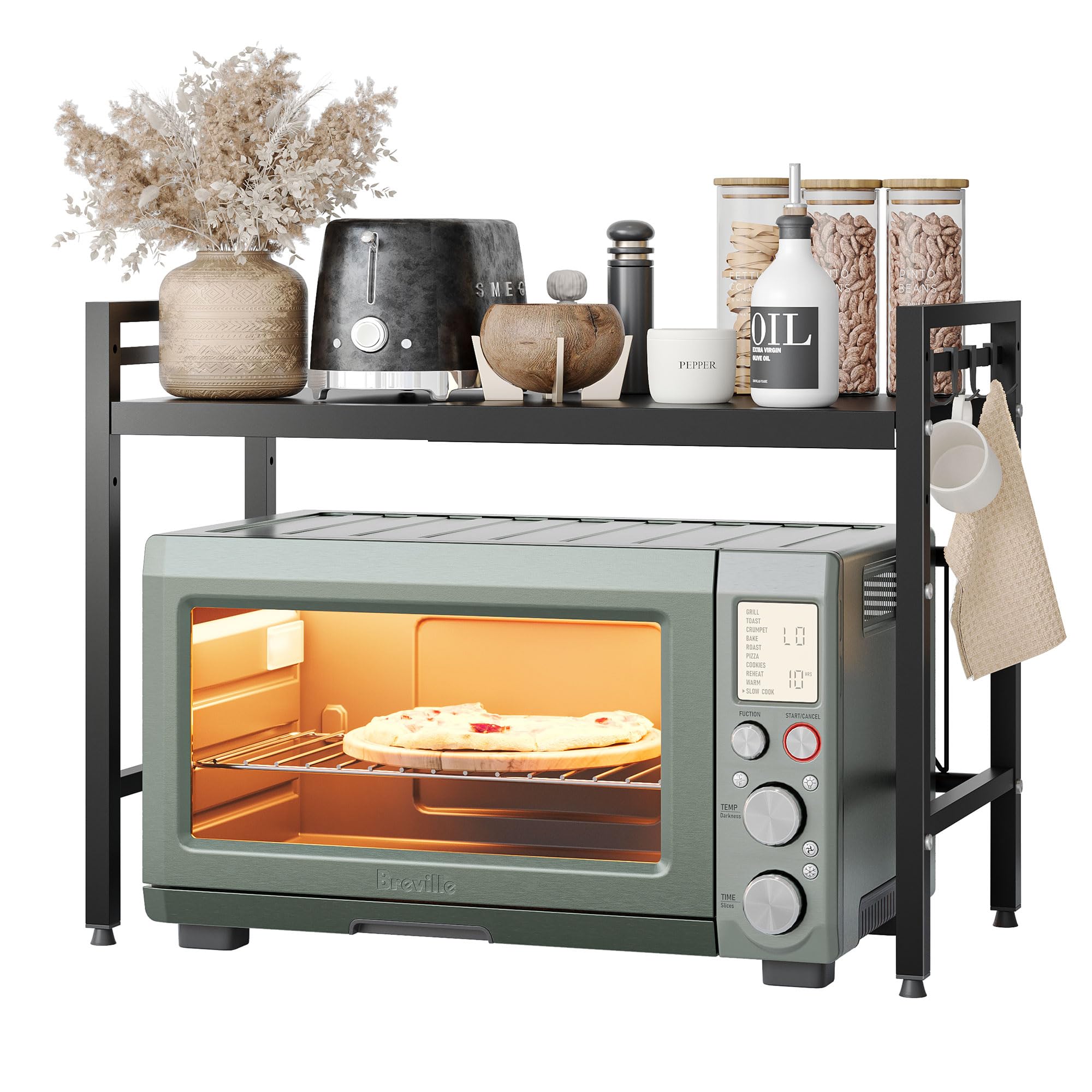 NETEL Soporte para microondas encimera Cocina Organizador hornos estanterías Almacenamiento Extensible microondas Soporte de 40 a 60 cm，con 8 Ganchos, Negro 2 Niveles