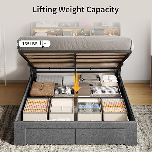 Vista 4 de Cama de almacenamiento elevable de tamaño matrimonial, cabecera de almacenamiento iluminada RGB con estación de carga, marco de cama matrimonial