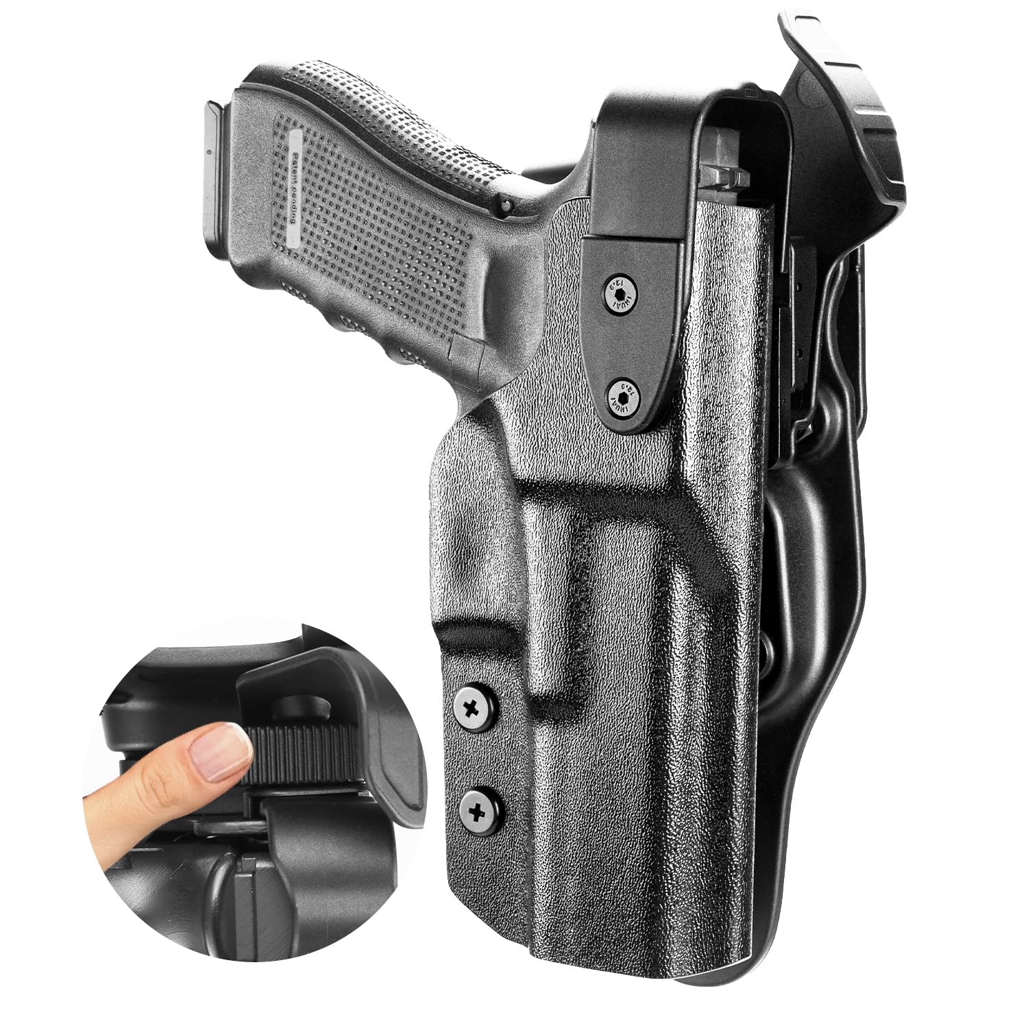 WARRIORLAND Compatible with Glock 17 Duty Holster Level II Retention w/Hook Guard & Rotating Hood: G17 Gen 3 4 5 & G22 G31 Gen 3 4, 2.25 Inch Outside Waistband, Adj. Retention & Ride Height, Right