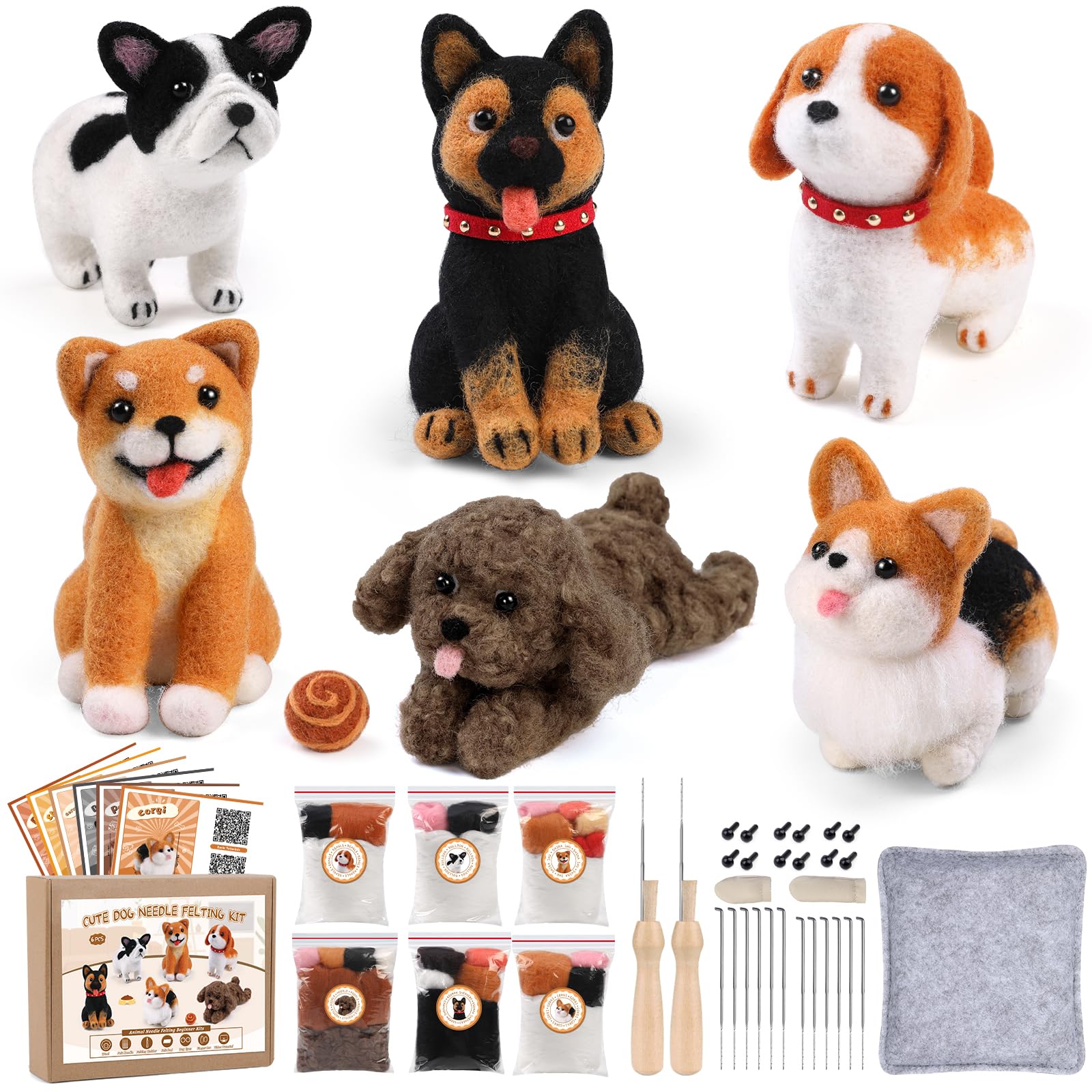 Doxiru Komplett Nadelfilz Set für Anfänger, 12-teiliges Starter-Set und 6-teiliges Hundefilz Set, Filzwerkzeuge mit Anleitung für Tierherstellung DIY Wolldekorationen