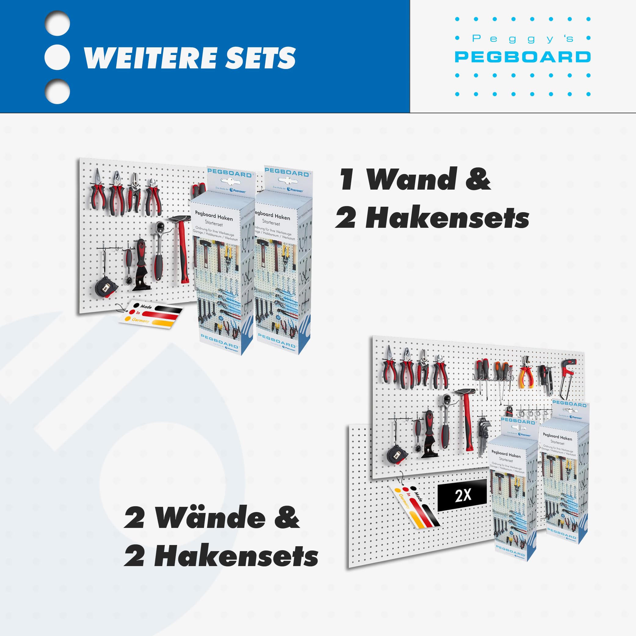 Pegboard Werkzeugwand aus Holz (MDF) inkl. 67-teiligem Hakenset - 120x60x0,5cm weiß/braun, Ø7mm Löcher & 25,4mm Lochabstand - für Werkstatt und mehr - FSC-zertifiziert & Made in Germany