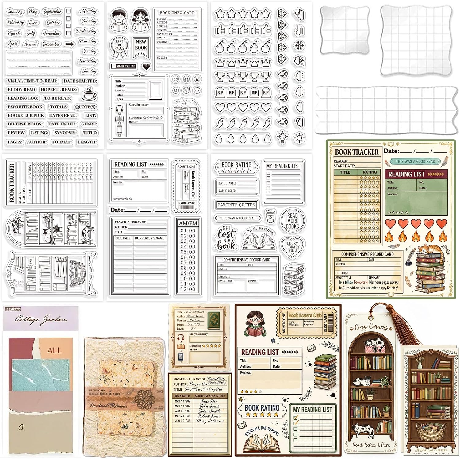 GLOBLELAND 6 Sheets Reading Diary Clear Stamps Set with 3 Pcs Acrylic Blocks and 2 Style Scrapbook Papers for Card Making DIY Scrapbooking Photo Album Decor