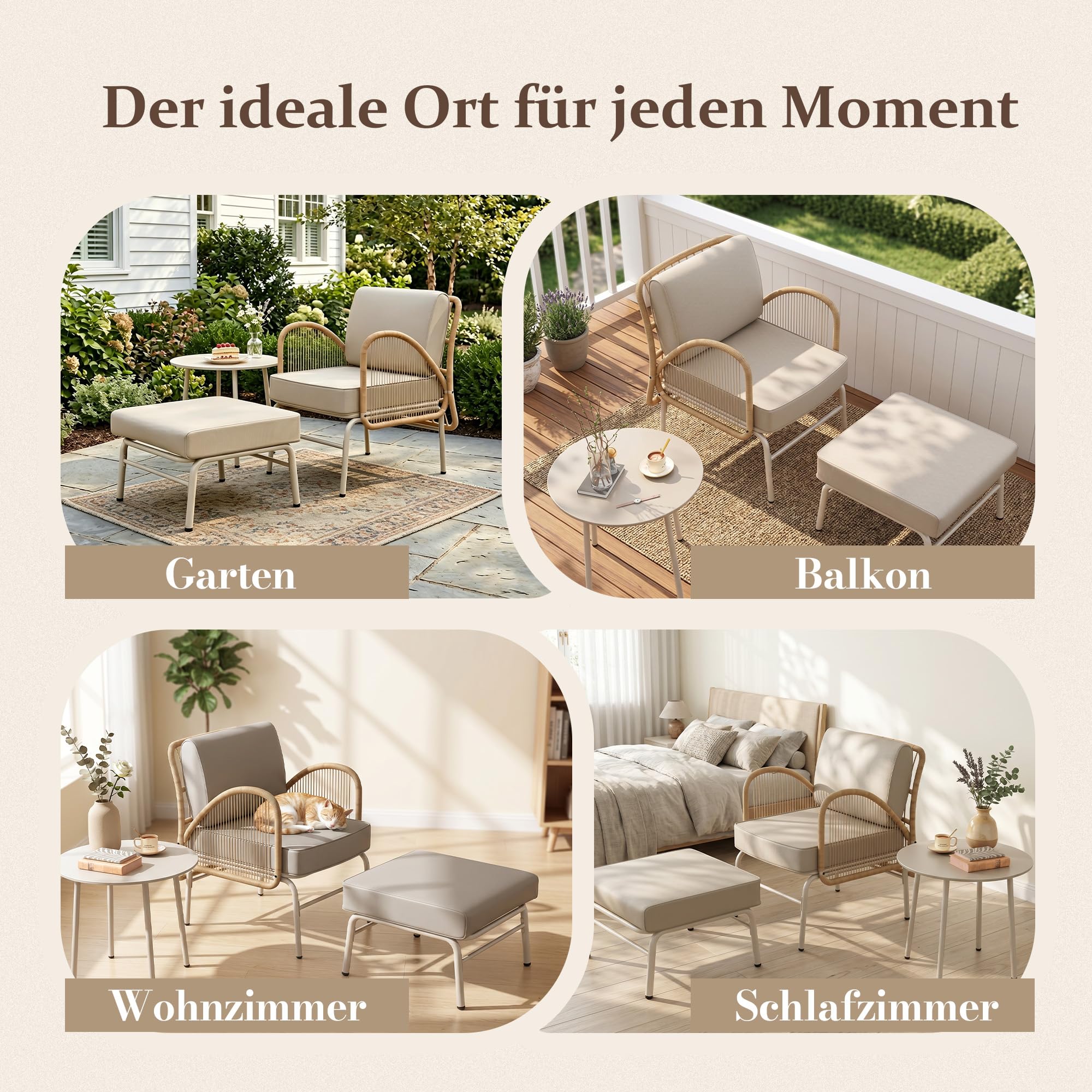 ALAULM 3-teiliges Rattan-Sitzgruppe, Outdoor Garten-Relaxsessel mit Hocker und rundem Couchtisch, Gepolstertes minimalistisches Bistro-Set für Balkon, Garten, Hinterhof & Terrasse (Khaki)