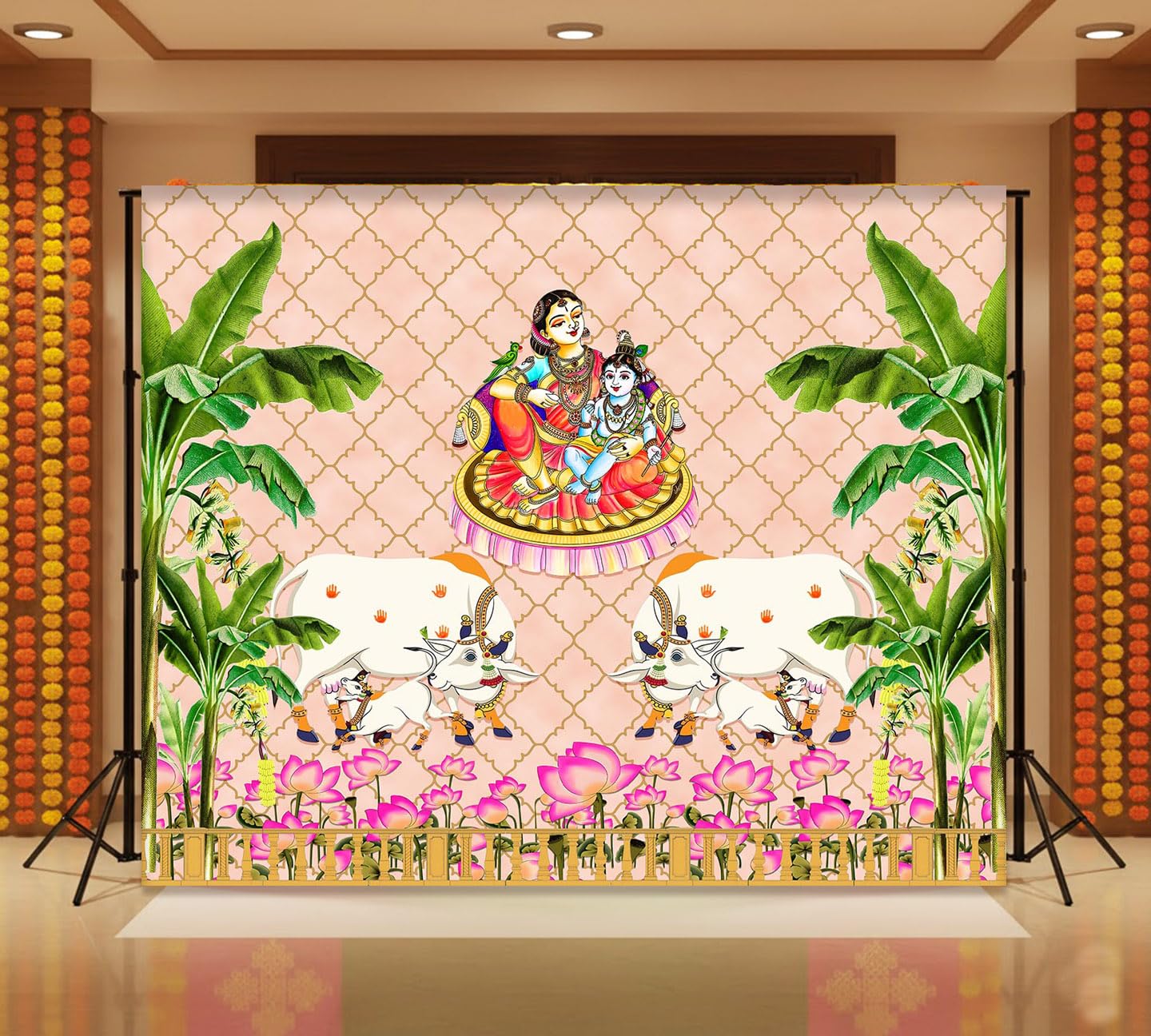 FestivalBackdrops 8x10ft Peach Annaprasana Ceremony Backdrop – Yashoda Krishna & Kamdhenu Mural – Ideal for First Rice Feeding, Choruunu & Baby Naming Ceremony-image-27