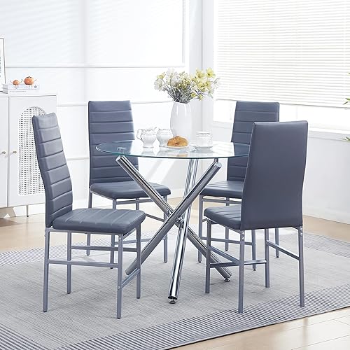 Miniatura 9 de paonne Juego de mesa de comedor redonda para 4, mesa de cocina redonda de vidrio y sillas para 4, mesa redonda de vidrio templado con sillas de