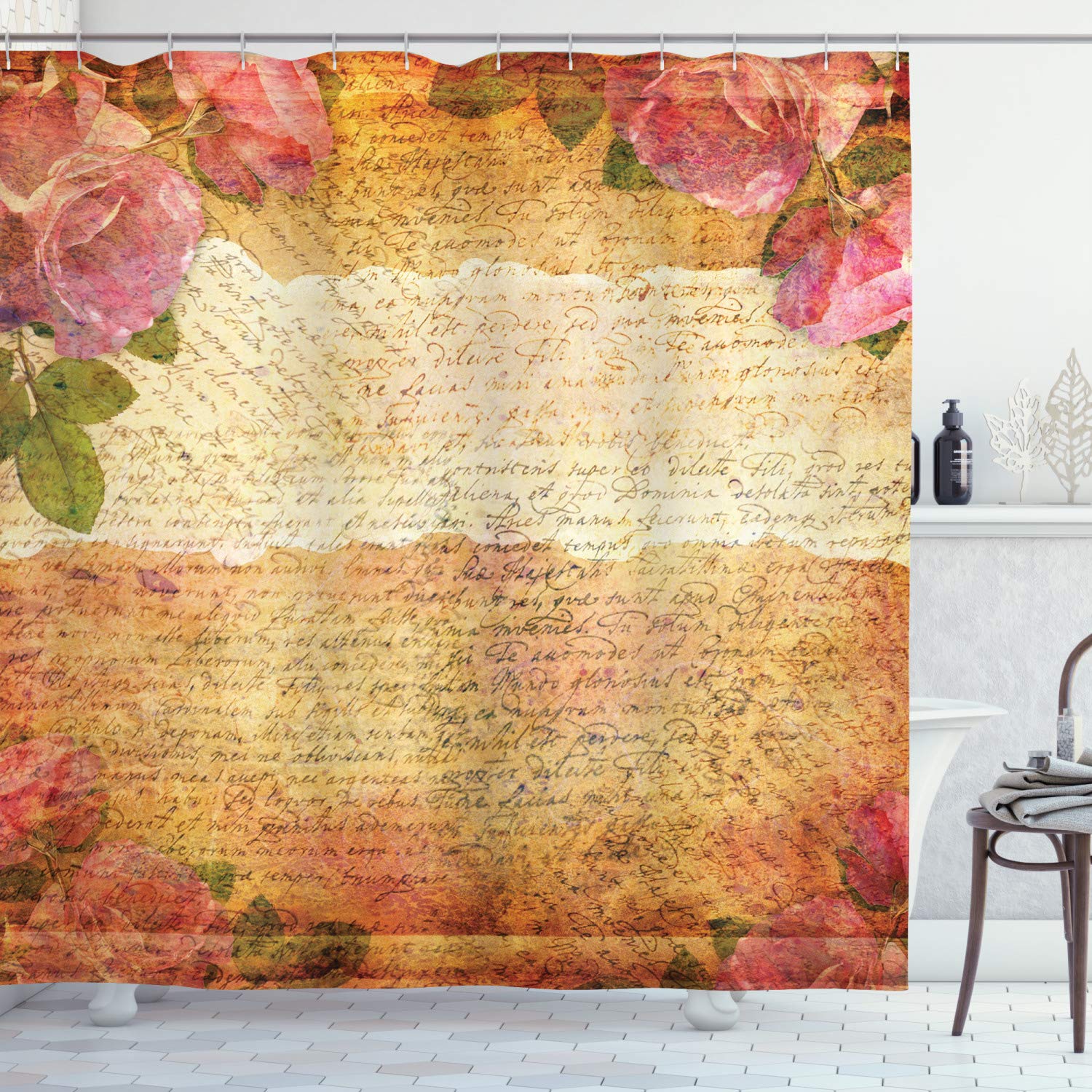 ABAKUHAUS Rose Shower Curtain, Floral Nostalgic Collage of Old Latters and Roses Retro Romantic Artwork Print, Cloth Fabric Bathroom Decor Set with Hooks, 86 Inches Extra Long, Cream Pink — image 1