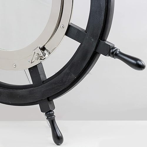 Miniatura 3 de Nagina International Rueda de barco negro mate de alta calidad, espejo de ojo de buey de aluminio, regalo de decoración del hogar de Captain