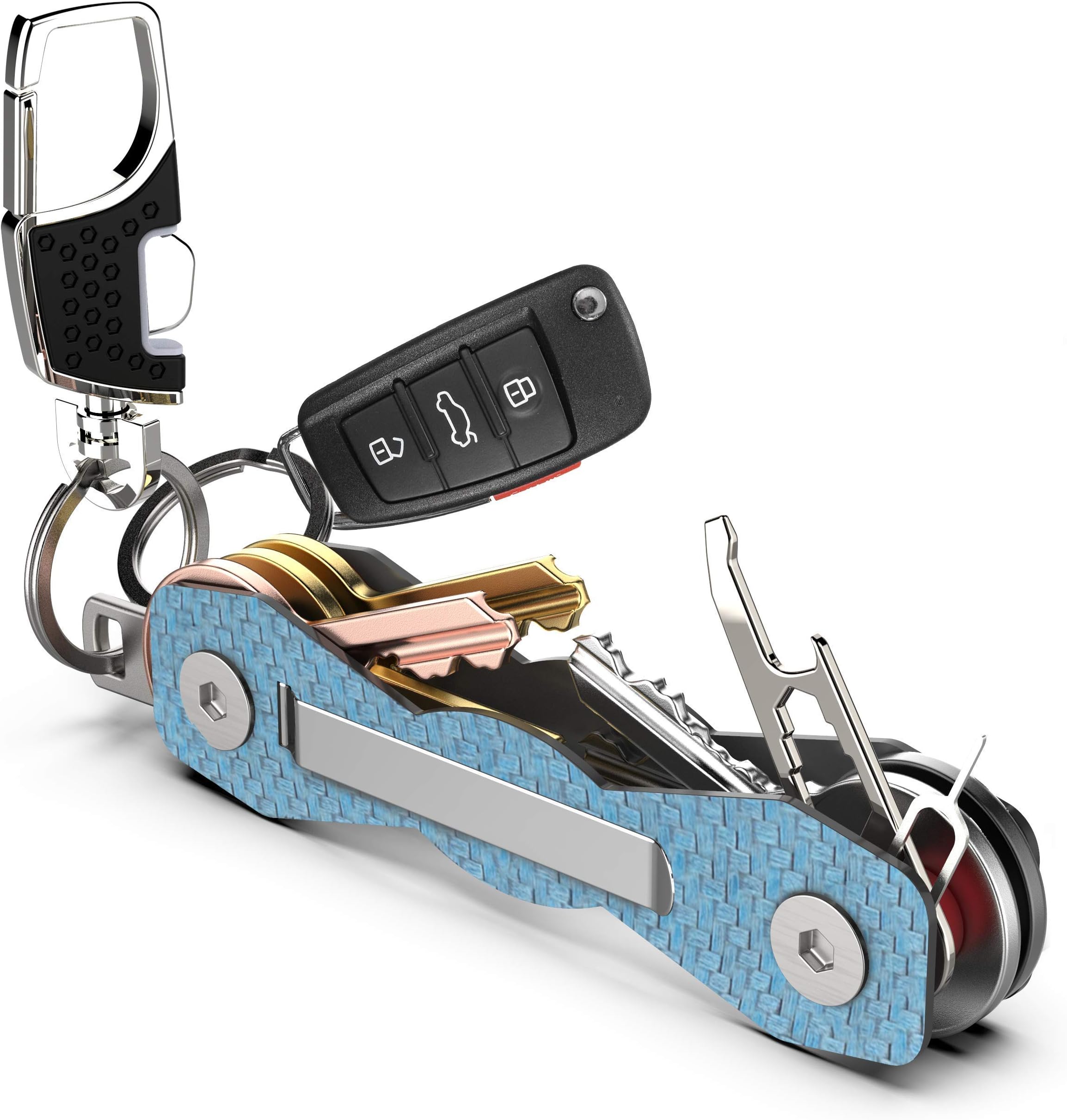 Carbon Fiber Key Organizer - Premium Heavy Duty Compact Key Holder up to 18 Keys - Extra Smart Key Ring, Loop Piece for Belt or Car Keys - Sim & Bottle Opener + Video Instructions