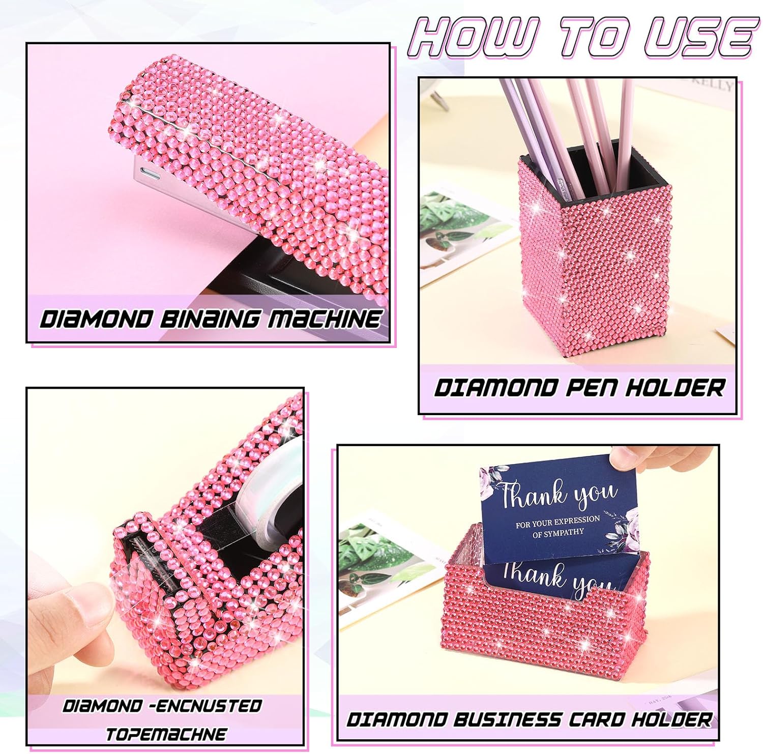 Demissle Pink 7 Pieces Bling Desk Accessories Set Glitter Crystal Office Stationery Kit for Women Diamond Tape Dispenser Rhinestone Stapler Cardholder Pencil Pot Holder Scissor Ballpoint Knife