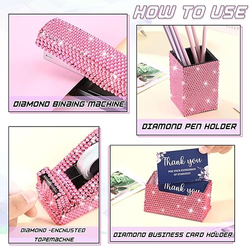 Miniatura 3 de Juego de 7 piezas de accesorios de escritorio brillantes con cristal con purpurina para mujer, dispensador de cinta de diamante, grapadora de