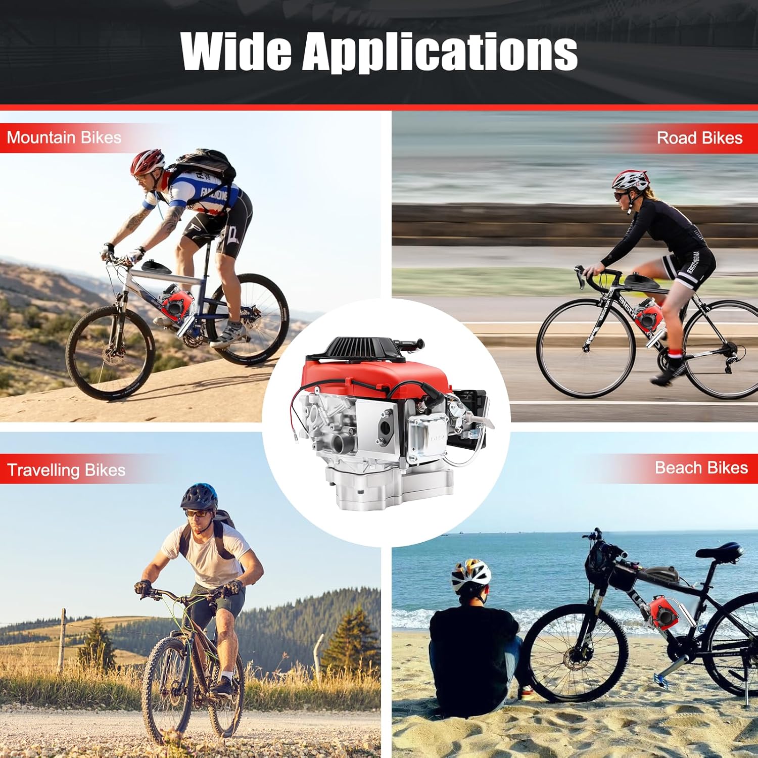 Bicycle Engine Kit, 4 Stroke Bicycle Motor Kit, 53cc Gasoline Engine, Gas Motor Single Cylinder for Adult Bikes, Mountain Bikes, Road Bikes