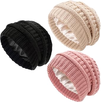 Ultrafun 3 Pack Satin Lined Beanie for Women, Slouchy Winter Hats with Silk Lined, Oversized Knit Warm Hat Skull Cap