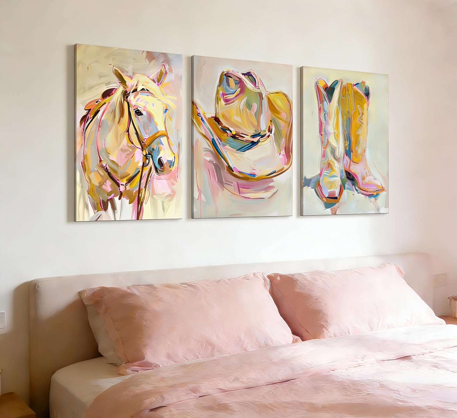 YVSRLX 3Pcs Pink Coastal Cowgirl Wall Art, Preppy Western Room Decor for Teen Girls Bedroom, Set of 3 Framed Canvas Prints Ready to Hang with Boots Hat & Horse Modern Abstract Picture