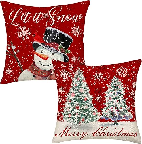 Juego de 2 fundas de almohada navideñas de 20 x 20 pulgadas, diseño de muñeco de nieve y árbol de pino de Feliz Navidad, diseño de copo de nieve
