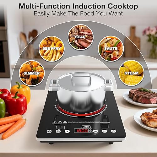 Miniatura 6 de Placa de cocción de inducción portátil - Encimera eléctrica de 1800 W, placa caliente de un solo quemador con 9 niveles de potencia para cocinar sin