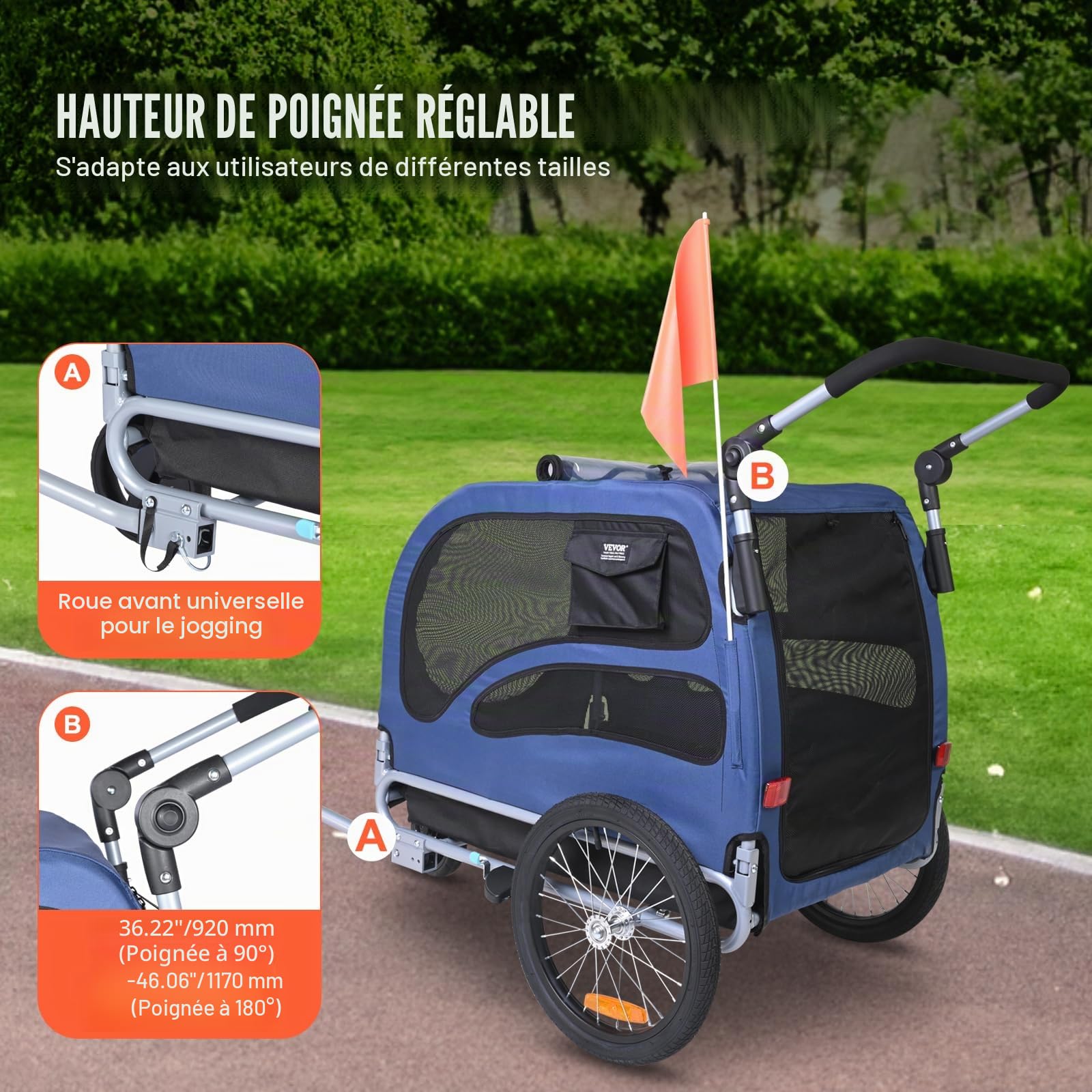 VEVOR Remorque de Vélo Chien Pliable Charge 45 kg Poussette d'Animaux de Compagnie 2en1 Cadre Facile à Plier avec Roues à Dégagement Rapide, Coupleur de Vélo Universel, Réflecteurs, Drapeau, Bleu/Noir