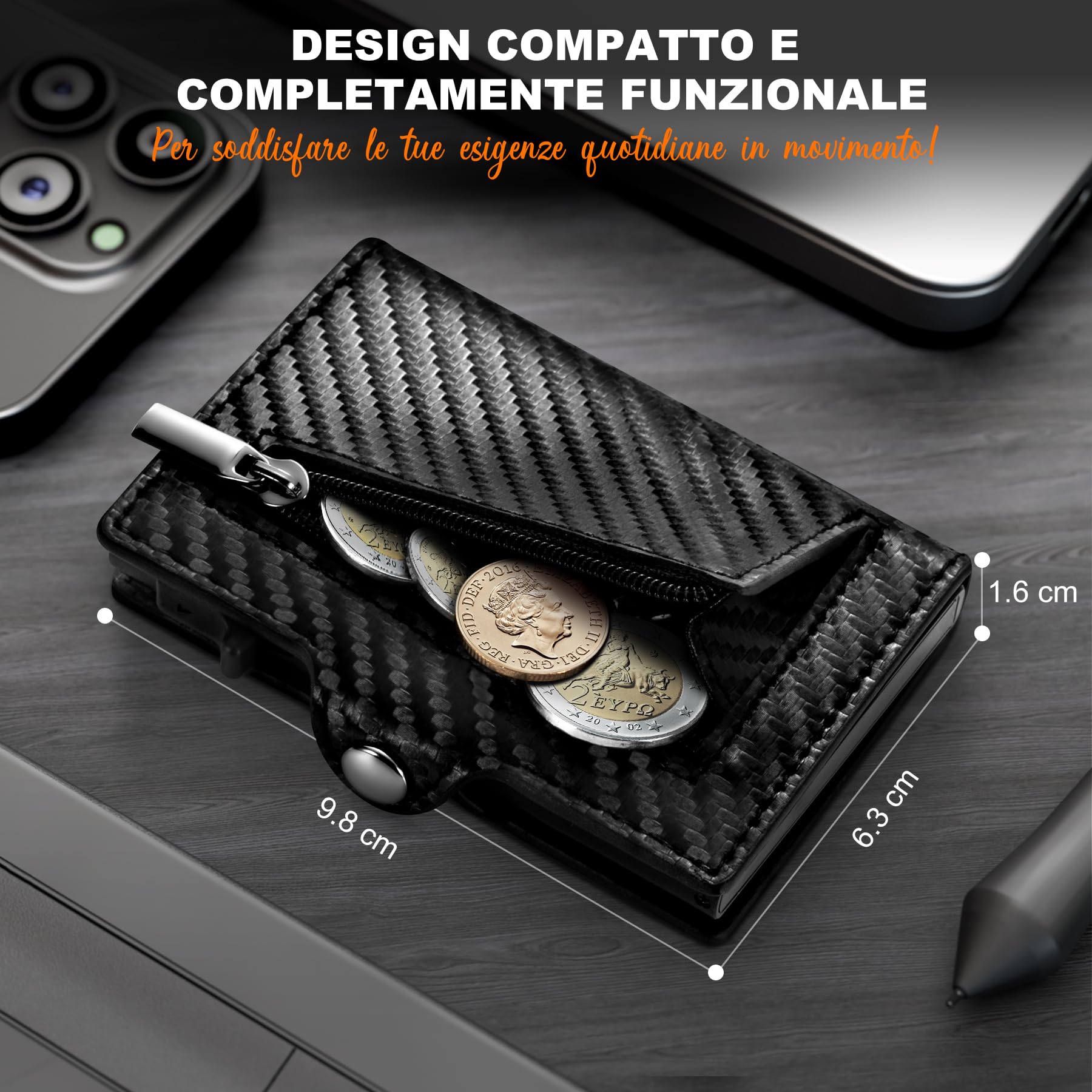 Tomylv Portafoglio Uomo RFID Blocking, Portafoglio Uomo Slim Pelle in Fibra di Carbonio con 7 Porta Carte di Credito Uomo, Tasca con Cerniera, Chiusura con Bottone, con Confezione Regalo - Nero