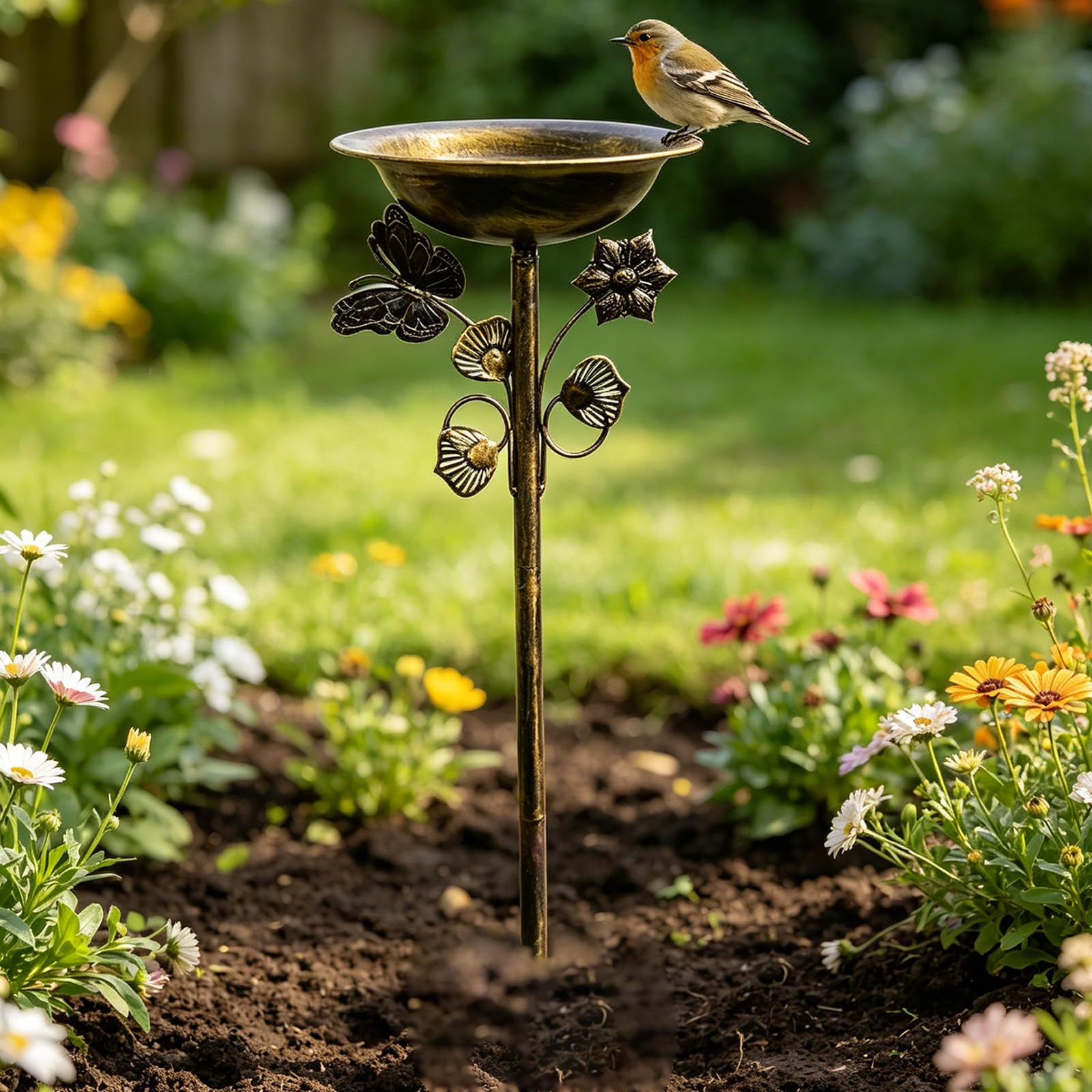 Bebedero para pájaros y comedero de hierro con estaca para decoración de jardín y aves silvestres, bebedero independiente para pájaros de hierro