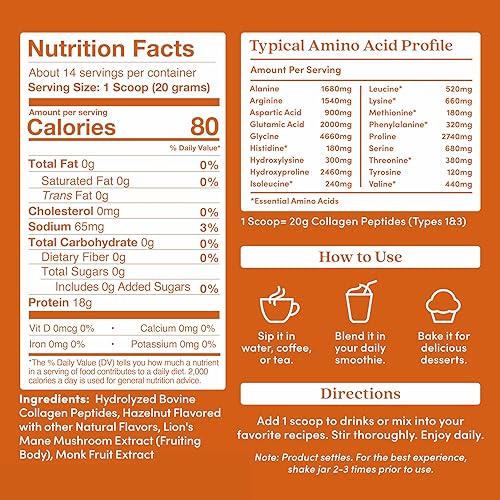 Miniatura 2 de Further Food Péptidos de colágeno de avellana en polvo con hongo de melena de león, proteína hidrolizada tipo 1 y 3 alimentada con pasto, salud