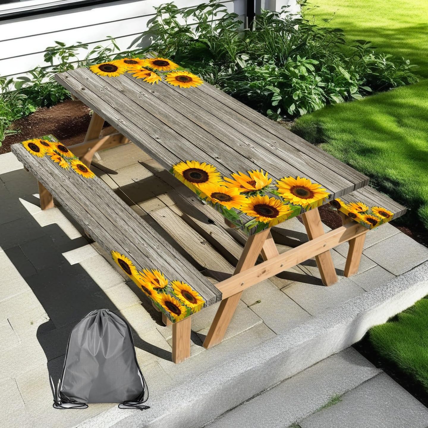 Lot De 3 Nappes De Pique-nique Rectangulaires Avec Housses De Banc - Motif Grain De Bois Tournesol, 183 X 71 Cm