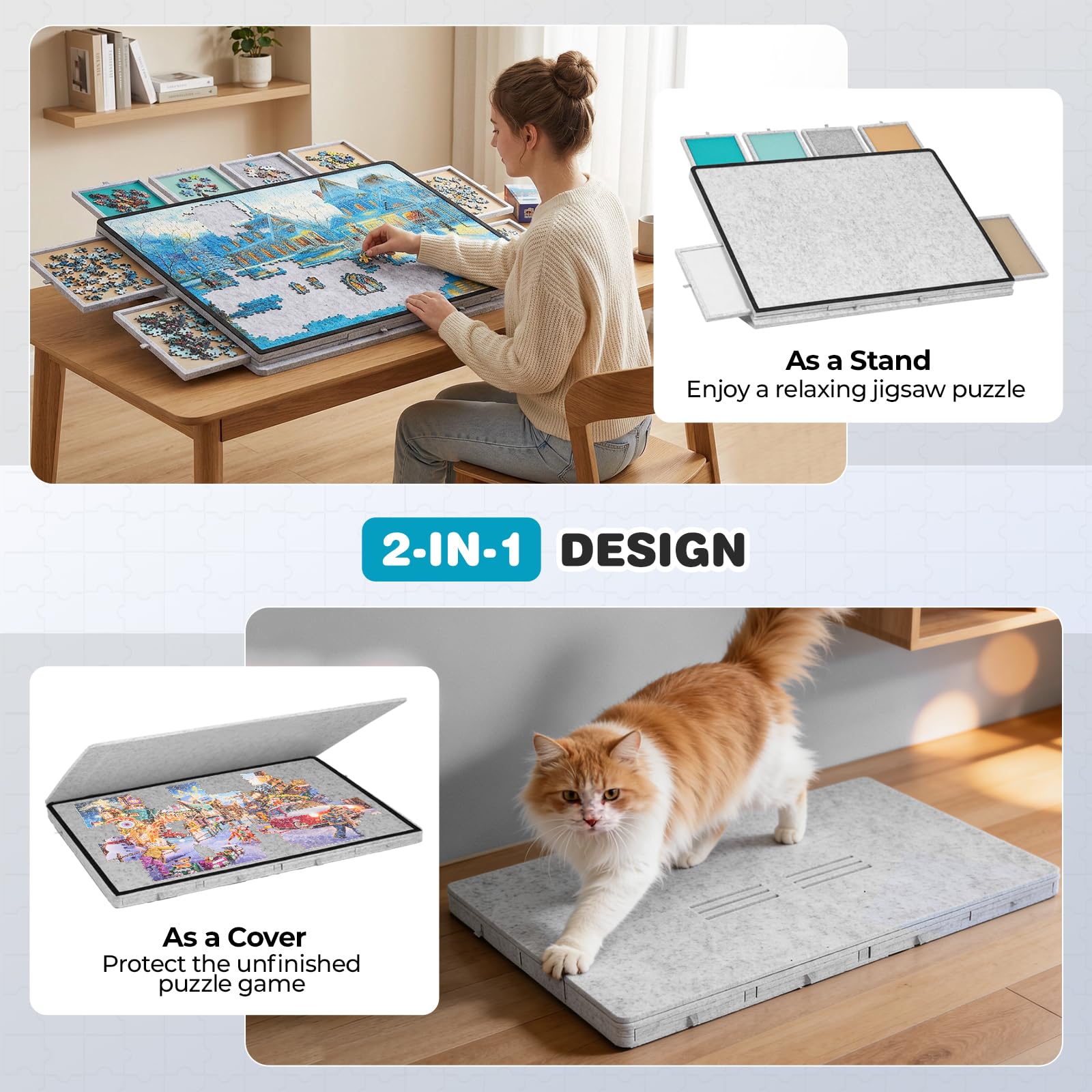 Tablero inclinable para Rompecabezas de 1000 Piezas con Soporte y Cubierta 2 en 1, Mesa de Fieltro Ultraligera y portátil con 8 cajones y 3 ángulos Ajustables