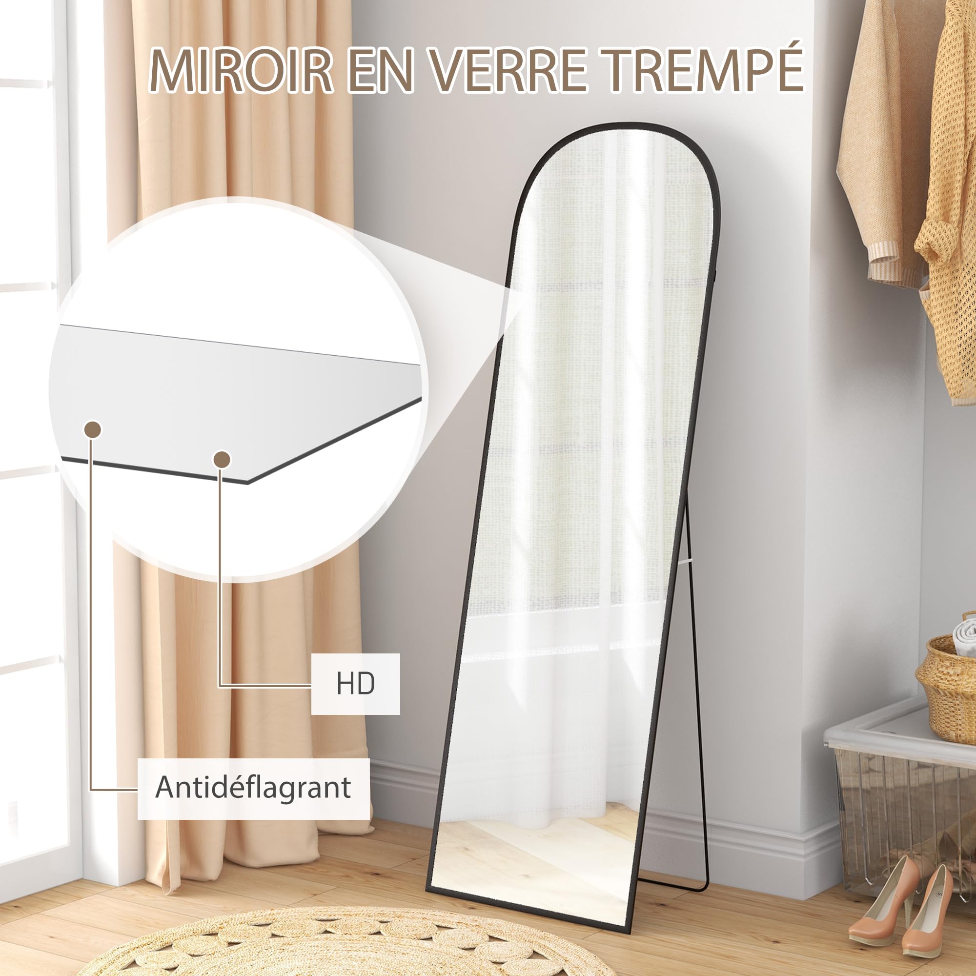 HOMCOM Miroir sur Pied Mural Rectangulaire Cadre Aluminium 50 x 161,5 cm Noir